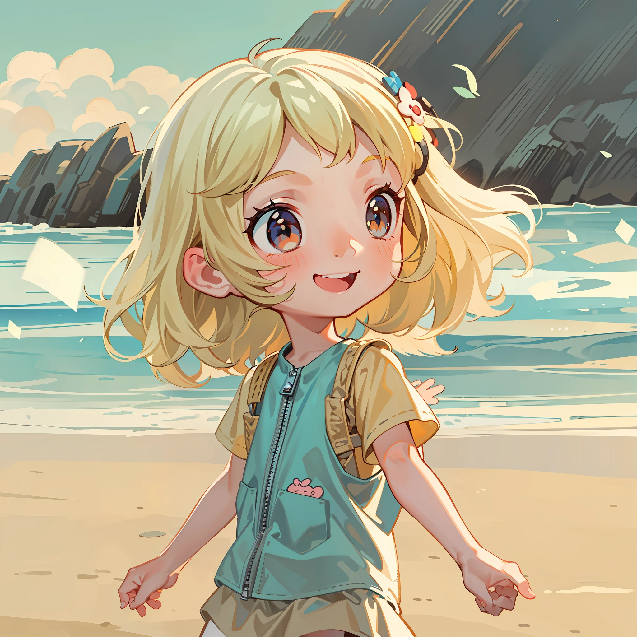 Close-up Shot Shot，A cute little girl and a cute little girl walking on the beach by the sea，Little girl with long blonde hair，Little girl with short black hair，Smiling，cartoonish style，kawaii，Animated picture，Colorful stills，official art style，Cartoony。Front couple center composition