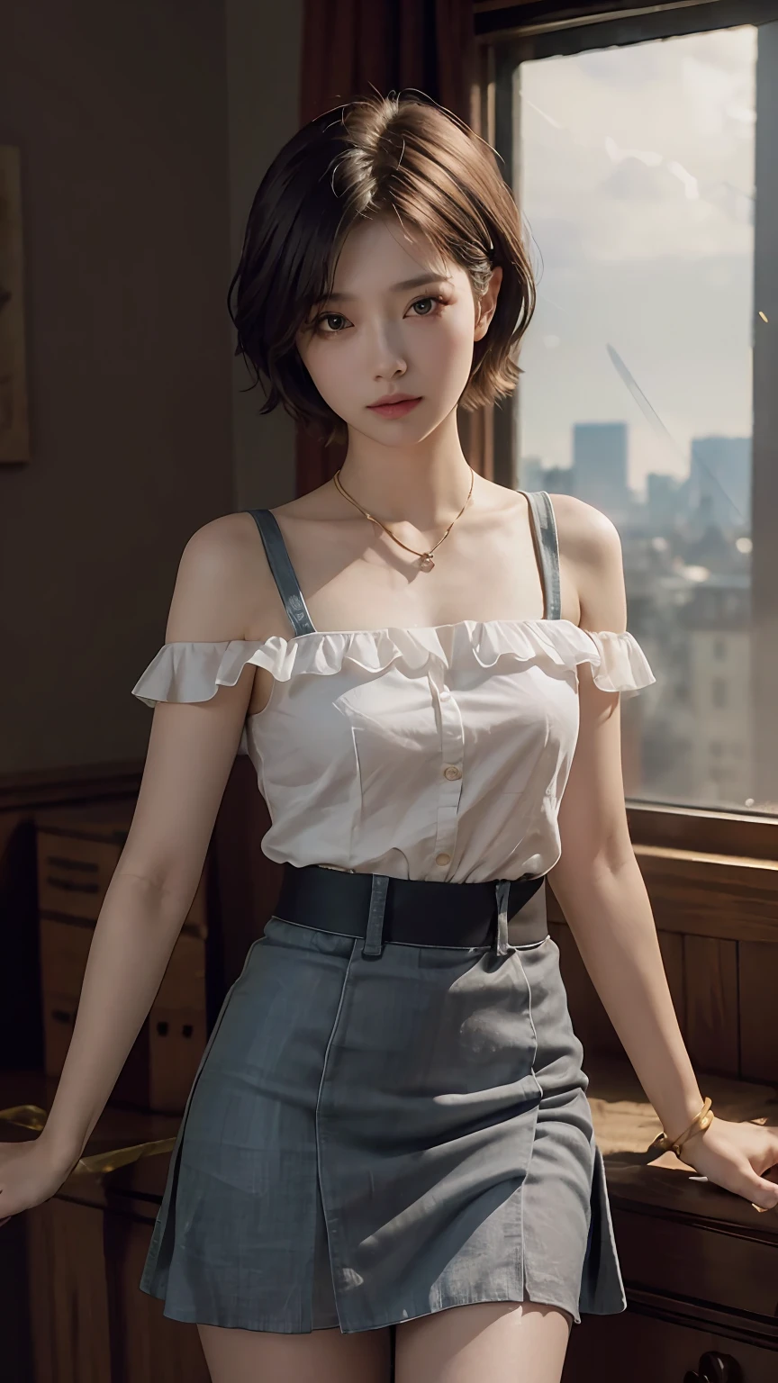 (Dynamic Angle, National Treasure RAW Photos, Photorealism: 1.3, Top Quality Detailed CG unity 8k wallpapers, Under Miniskirt: 1.2, Messy Short Hair, Movie Lighting, Lens Flare)