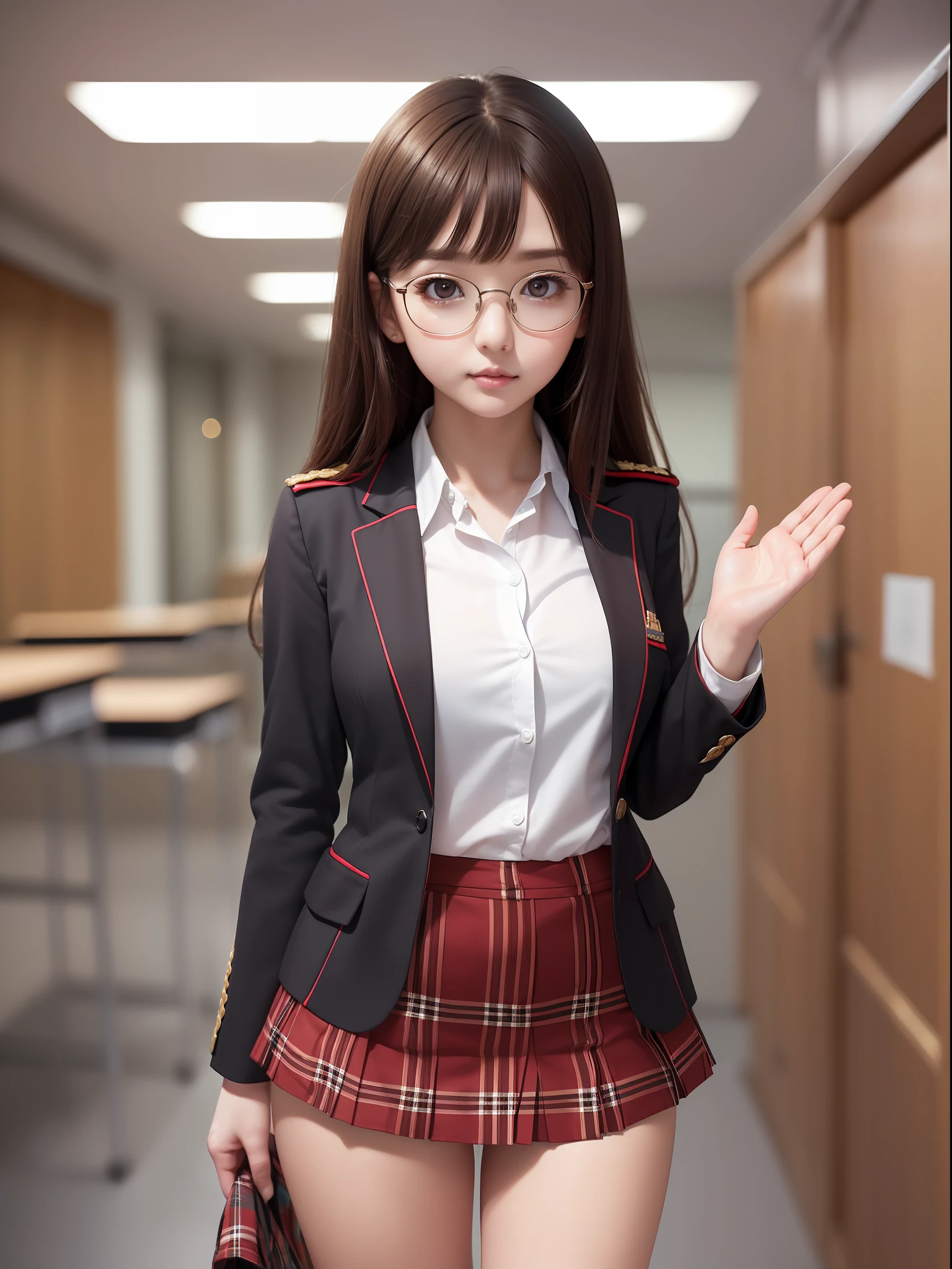 masuter piece, best qualtiy, (((realisitic, Photorealsitic:1.37))), ((独奏)), 8K image quality, Extremely delicate and beautiful, splendid, Official art with attention to detail, Ridiculous, Unbelievably ridiculous, huge filesize, ultra-detailliert, ighly detailed, (Petite and cute girl), (detailed girl), extremely detailed eye and face, Beautiful detailed eyes, Light makeup,, (Perfect female figure), (Korean beauty), ((fullllbody)), ((Put the head in the frame)), Brown hair, With bangs, (Cute little glasses), ((pupils on)), ((Dark red blazer on uniform), ((Miniskirt with tartan check)), (Standing in a classroom), ((Show pants that raise the skirt with hands)),