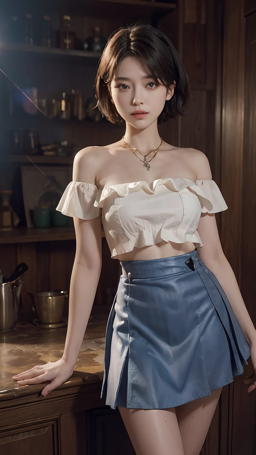 (Dynamic Angle, National Treasure RAW Photos, Photorealism: 1.3, Top Quality Detailed CG unity 8k wallpapers, Under Miniskirt: 1.2, Messy Short Hair, Movie Lighting, Lens Flare)