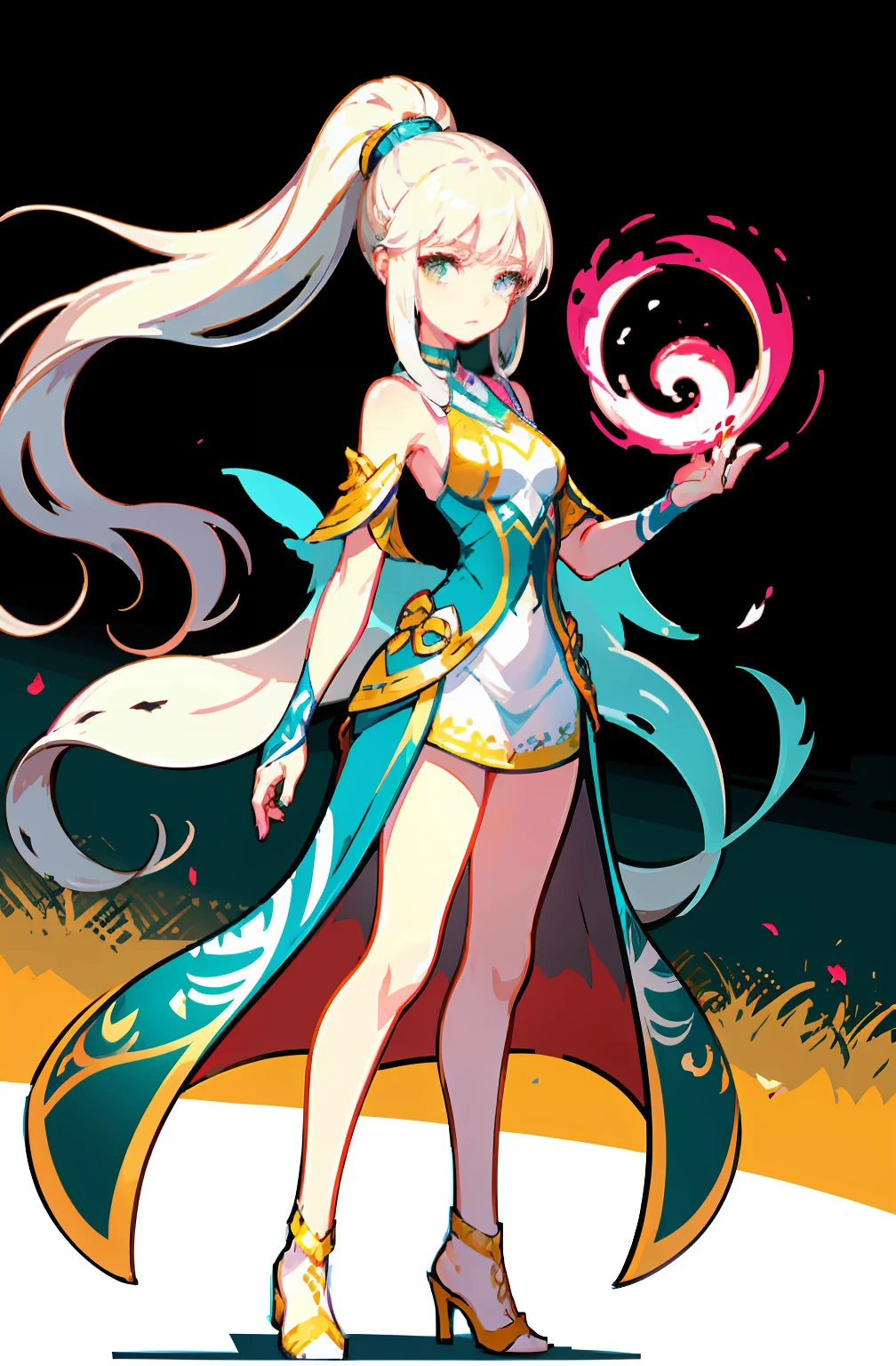 offcial art,品质最佳,finedetail,close-up all over the body,A beautiful white girl,Costumes for fantasy worlds,wearing a white skirt,Long white hair shawl,hair flowing,Very long ponytail,Manners are elegant,With a faint sad expression on his face,Floating in the air,Perfect figure,Perfect body proportions,show legs。
