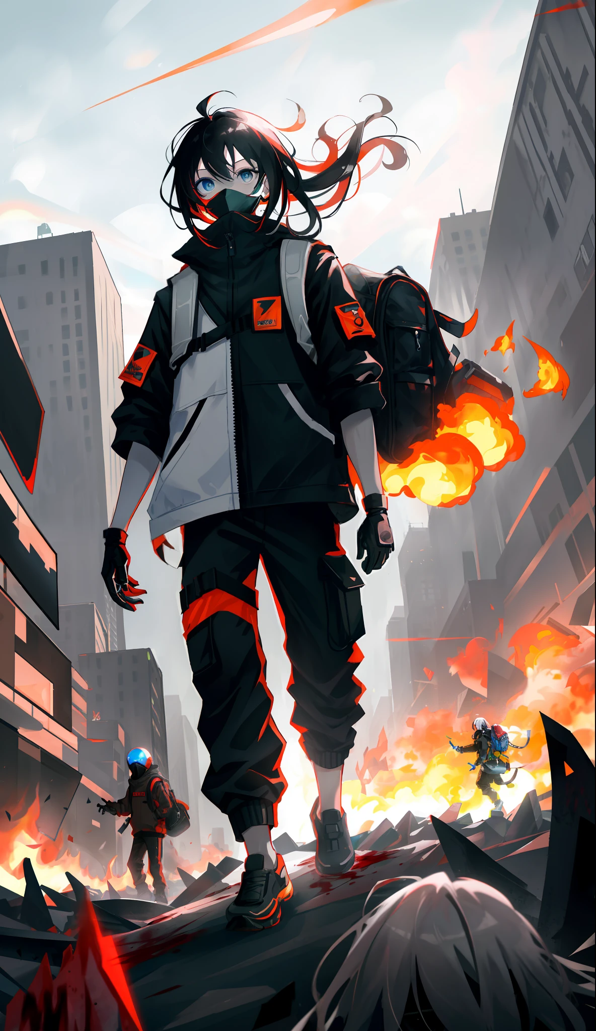 masterpiece, aesthetic, top quality, best quality, big anime eyes, male, man, young man, man of 16, extreme detailed, colorful,highest detailed, black hair, long hair, wavy hair, black eyes, destroyed city, backpack, wind, protective clothing, zombie apocalypse, full body, tech wear, muscular, military gloves, black mask on face, fixed eyes, black clothing, explosion in background, different colours, blood