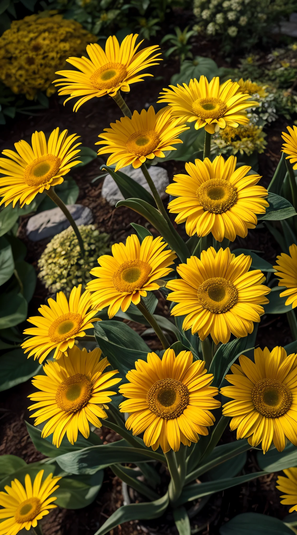 There are many yellow gerberas that grow in the bushes，Cinematic texture，Tano，blossoms，beautiful flowers growing，beautiful aesthetic，Beautiful large flowers，Incredibly beautiful，Soft glow，beautiful  flowers，flowers in full bloom，Many gerberas，lot of flowers