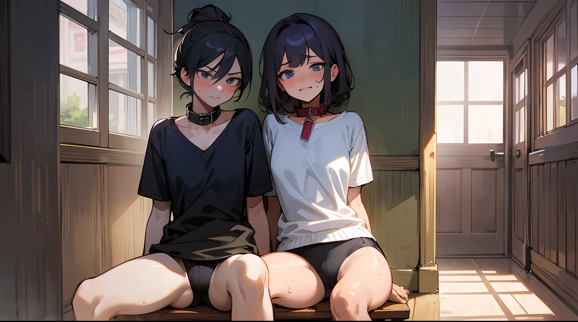 tmasterpiece, hiquality, detailing, 2 girls, corridor, sitting on a bench, evil face, blushful, Disgruntled, black undershirt, collar, spreading legs, sweaty ass