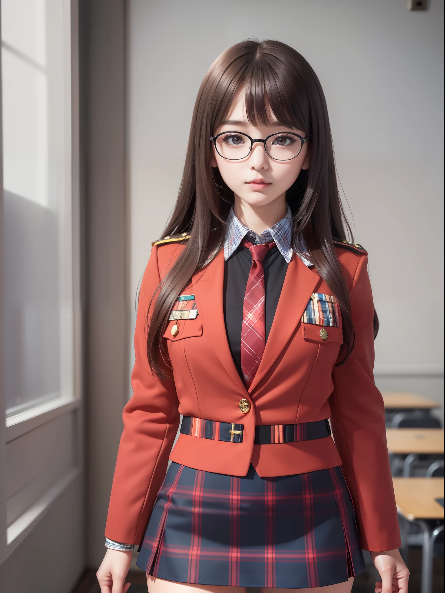 masuter piece, best qualtiy, (((realisitic, Photorealsitic:1.37))), ((独奏)), 8K image quality, Extremely delicate and beautiful, splendid, Official art with attention to detail, Ridiculous, Unbelievably ridiculous, huge filesize, ultra-detailliert, ighly detailed, (Petite and cute girl), (detailed girl), extremely detailed eye and face, Beautiful detailed eyes, Light makeup,, (Perfect female figure), (Korean beauty), ((fullllbody)), ((Put the head in the frame)), Brown hair, With bangs, (Cute little glasses), ((pupils on)), ((Dark red blazer on uniform), ((Miniskirt with tartan check)), (Standing in a classroom), Show pants that raise the skirt with hands,