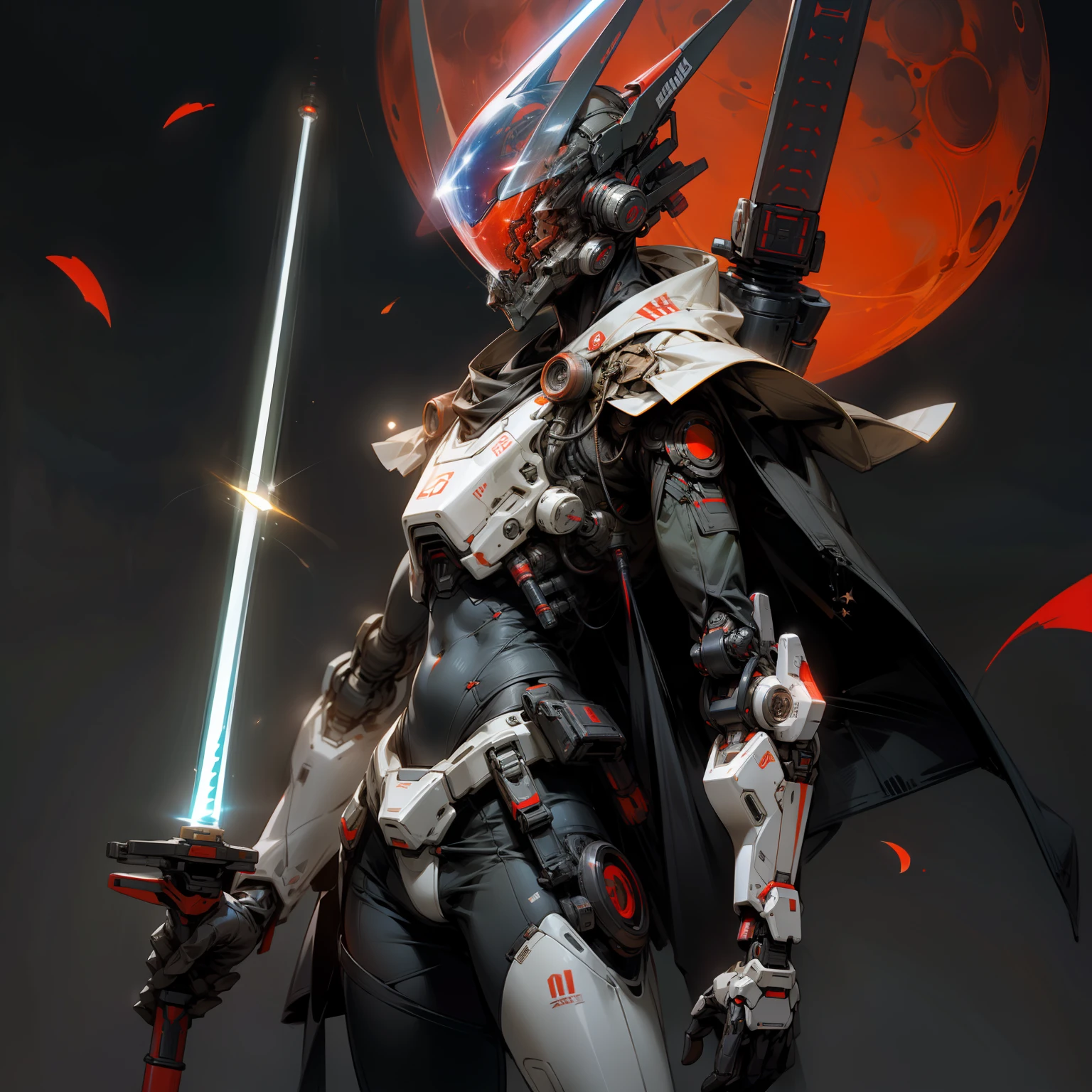 A humanoid robot with a transparent body,holding light saber,The red moon hangs high,Stars Firefly --auto