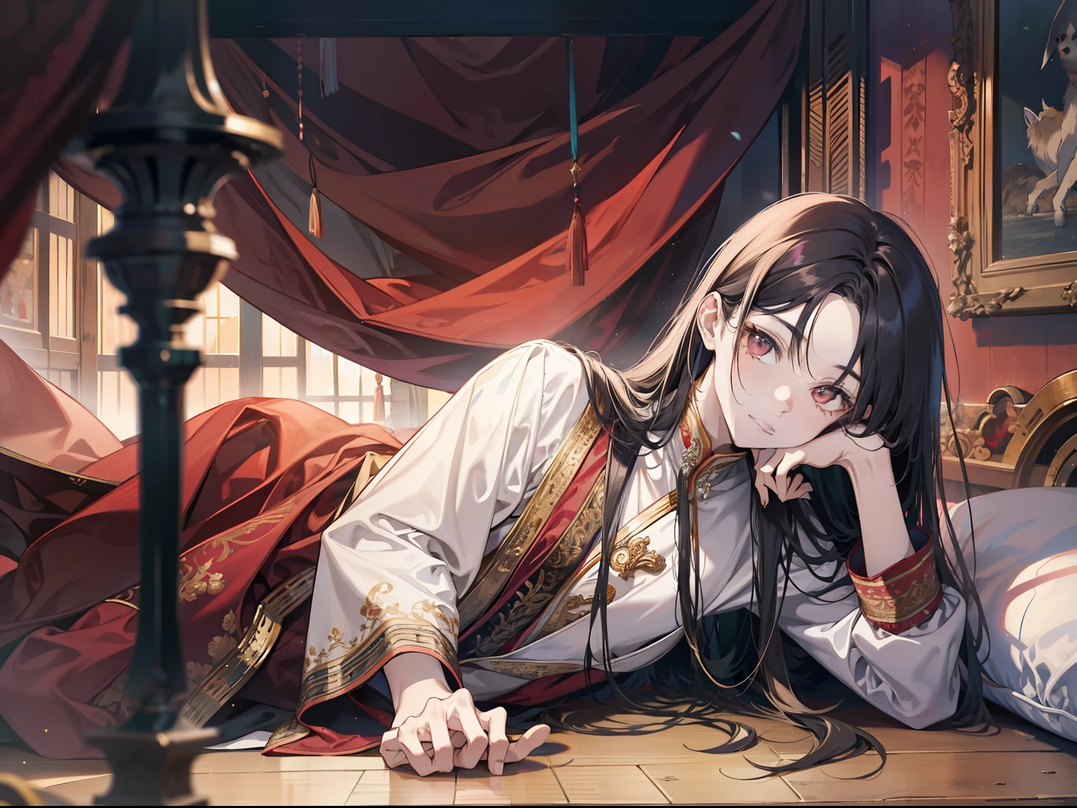of a guy,Ancient dress,Long hair,Very red cheeks,perspire,Lie on a wooden bed,The camera is pointing directly at him,