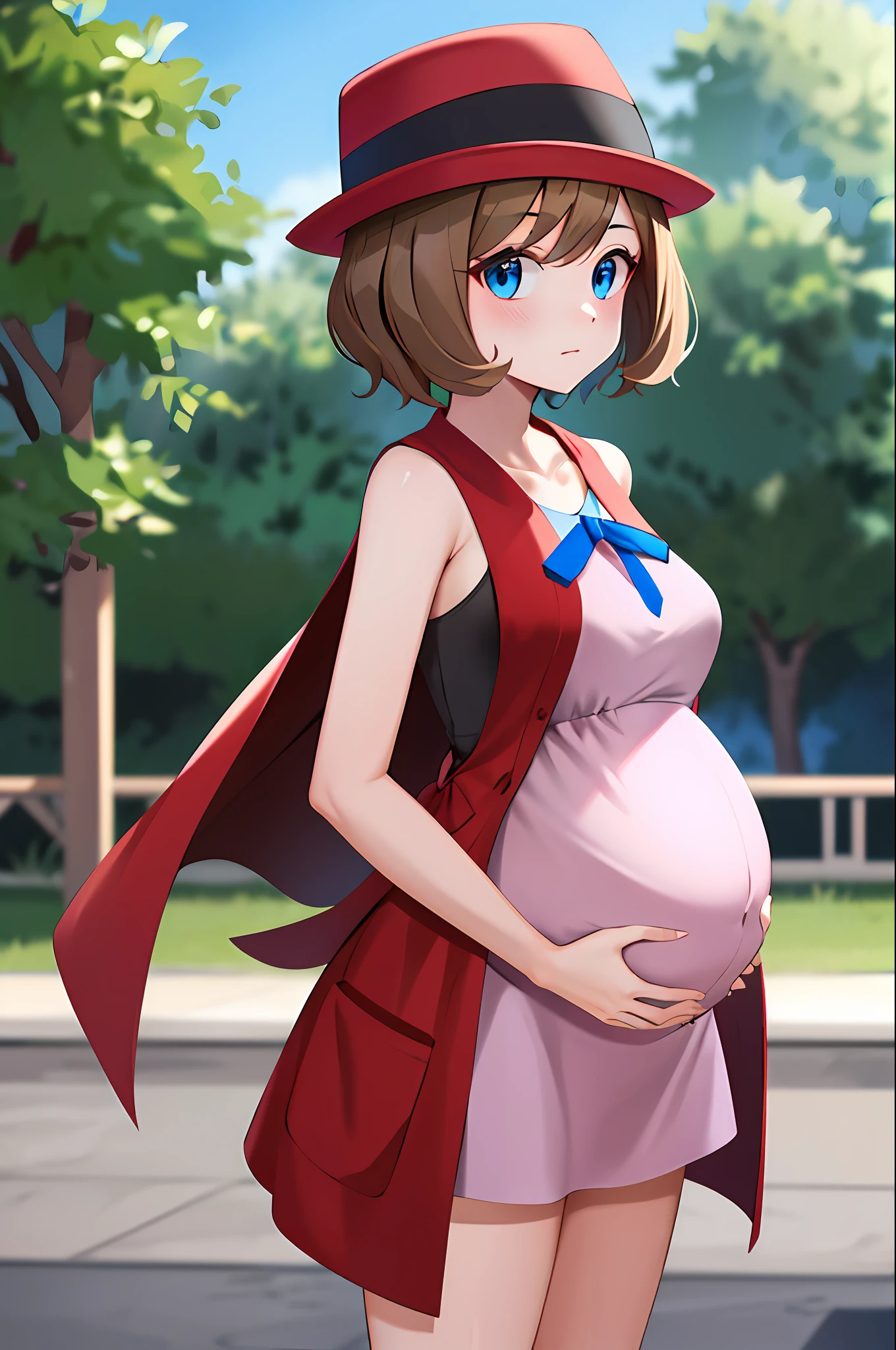 masterpiece, best quality, highres, serene \(pokemon\), short hair, brown hair, blue eyes, 1girl, solo, blue ribbon, eyelashes, black thighs, neck ribbon, sleeveless, bangs, collarbone, bare arms, pink dress, red coat, pink hat, outdoor, standing in a park, medium breasts, sighing, tired look, looking at the viewer, pregnant, right hand on her belly,  left hand on the back.