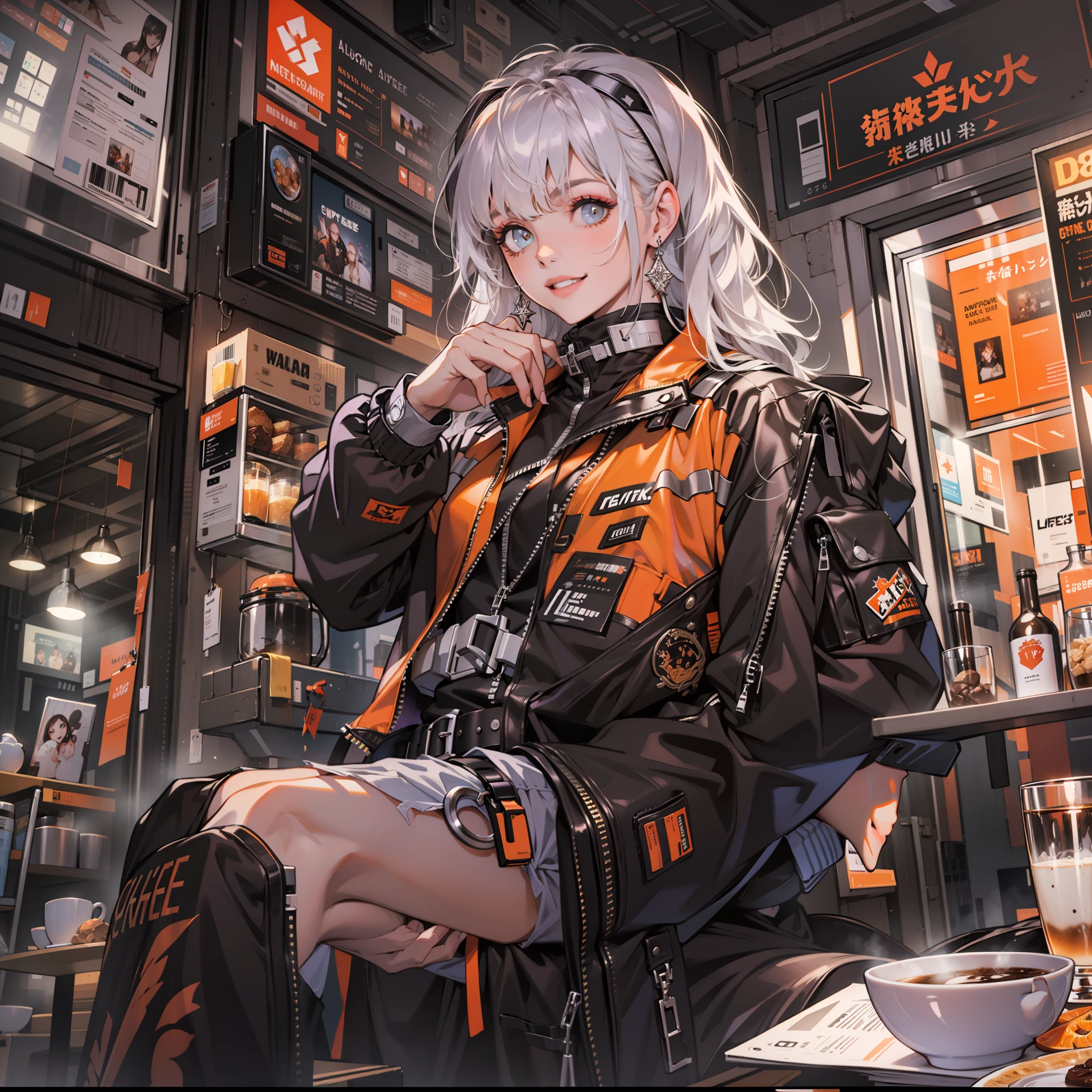 Best quality,tmasterpiece,Ultra-high resolution fills the picture,Indoor at night,Cafe in the sky,Orange color scheme for the café,There was coffee and wine,the night,inside in room,Coffee machine,Coffee lockers,Orange neon color scheme,Silver-white hair,Black fashion clothing,Orange and black matching outfits,boxer,Cafe beautiful girl,cyberpunk backgrouns,The background is colorful,Lateral face,Smiling,Various laid-back poses,Perfect makeup,Love eyes,8K quality,cyber punk perssonage,sense of science and technology,Character backlighting,rim-light,Movement changes,Flowing hairstyle,Loose hairstyle,The number of fingers is refined,The most beautiful girl in mankind,Wear a headband,Luminous accessories,Luminous earrings,Wear delicate accessories,Delicate close-up of the face,Realistic image quality,Super light and shadow,Very good figure,Meticulous,Have a cup or coffee on the roof in the evening,Very good figure,Raised sexy,luminous,Cool,Very stylish café,Cafe at night,Ray gorgeous,Have food,Laugh happily,