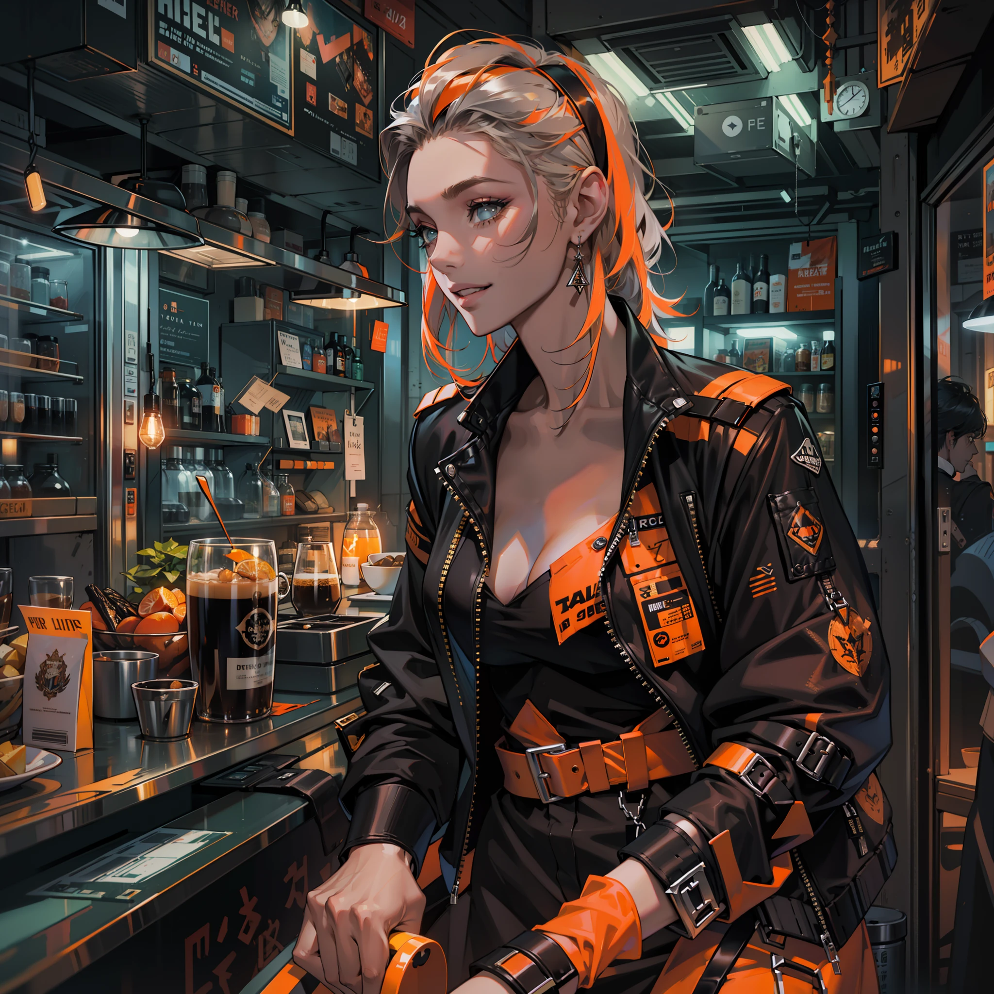 Best quality,tmasterpiece,Ultra-high resolution fills the picture,Indoor at night,Cafe in the sky,Orange color scheme for the café,There was coffee and wine,the night,inside in room,Coffee machine,Coffee lockers,Orange neon color scheme,Silver-white hair,Black fashion clothing,Orange and black matching outfits,boxer,Cafe beautiful girl,cyberpunk backgrouns,The background is colorful,Lateral face,Smiling,Various laid-back poses,Perfect makeup,Love eyes,8K quality,cyber punk perssonage,sense of science and technology,Character backlighting,rim-light,Movement changes,Flowing hairstyle,Loose hairstyle,The number of fingers is refined,The most beautiful girl in mankind,Wear a headband,Luminous accessories,Luminous earrings,Wear delicate accessories,Delicate close-up of the face,Realistic image quality,Super light and shadow,Very good figure,Meticulous,Have a cup or coffee on the roof in the evening,Very good figure,Raised sexy,luminous,Cool,Very stylish café,Cafe at night,Ray gorgeous,Have food,Laugh happily,