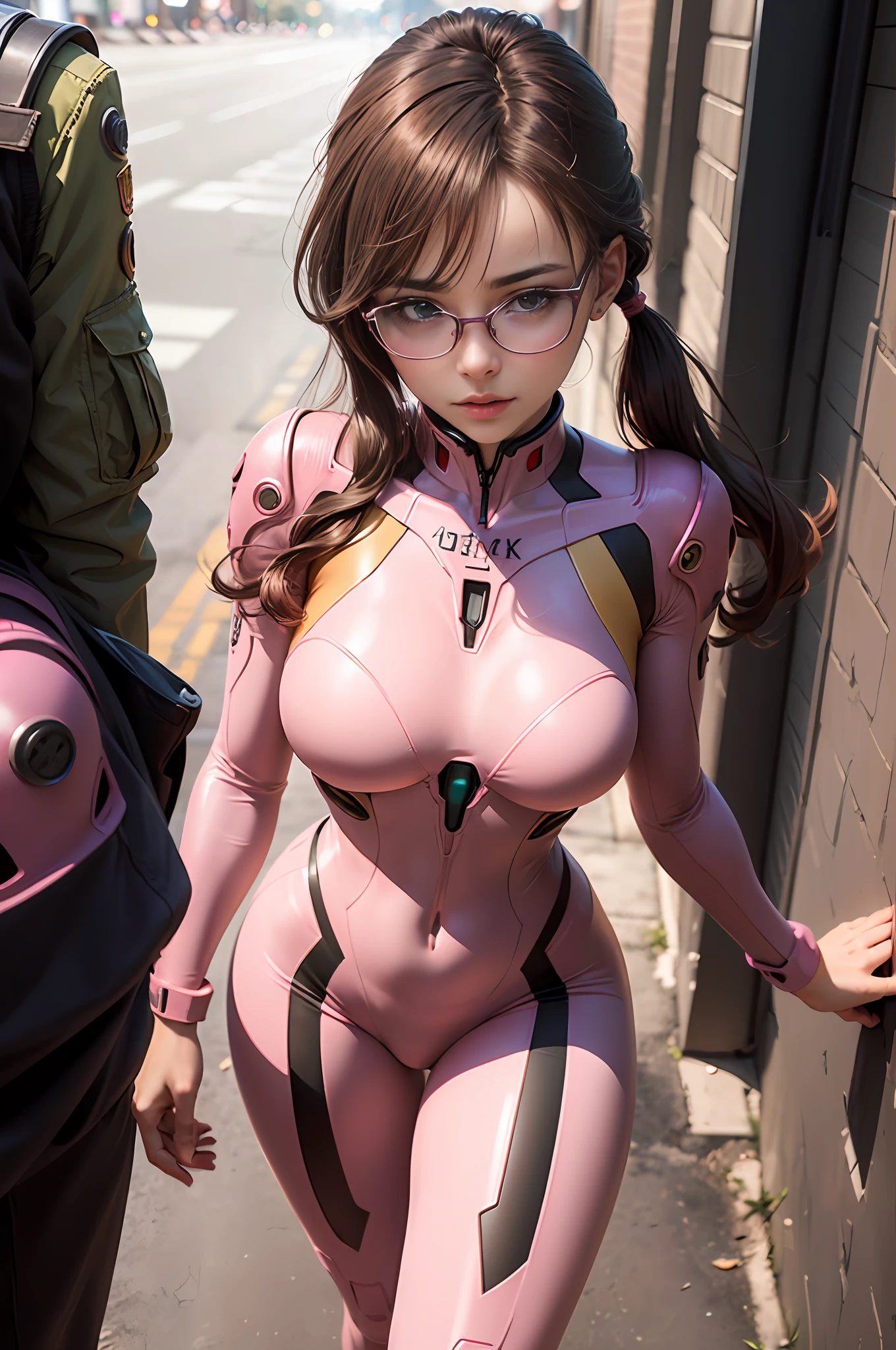 8k photo, Super realistic, Beautiful features, Double eyelids,,Clean eyes,（1.5)Woman posing in pink suit、((1girl in))、brown haired、hyperdetailed face、very detailed lips、Detailed eye、((Beautiful girl in pink plug suit and glasses))、((A beautiful girl who looks like Mari in the new movie version of Evangelion the Movie))、closes mouth、((Red framed glasses))、((Red Rectangular Frame Glasses))、((Straight long pigtail))、Long boots in pink color、((Pink plug suit))、slenderbody、Look at the viewer with your whole body、(Light flare:1.2)+close-up+Beautiful skin+Dynamic+high detal+Back lighting+downy+afloat+Modern metropolis