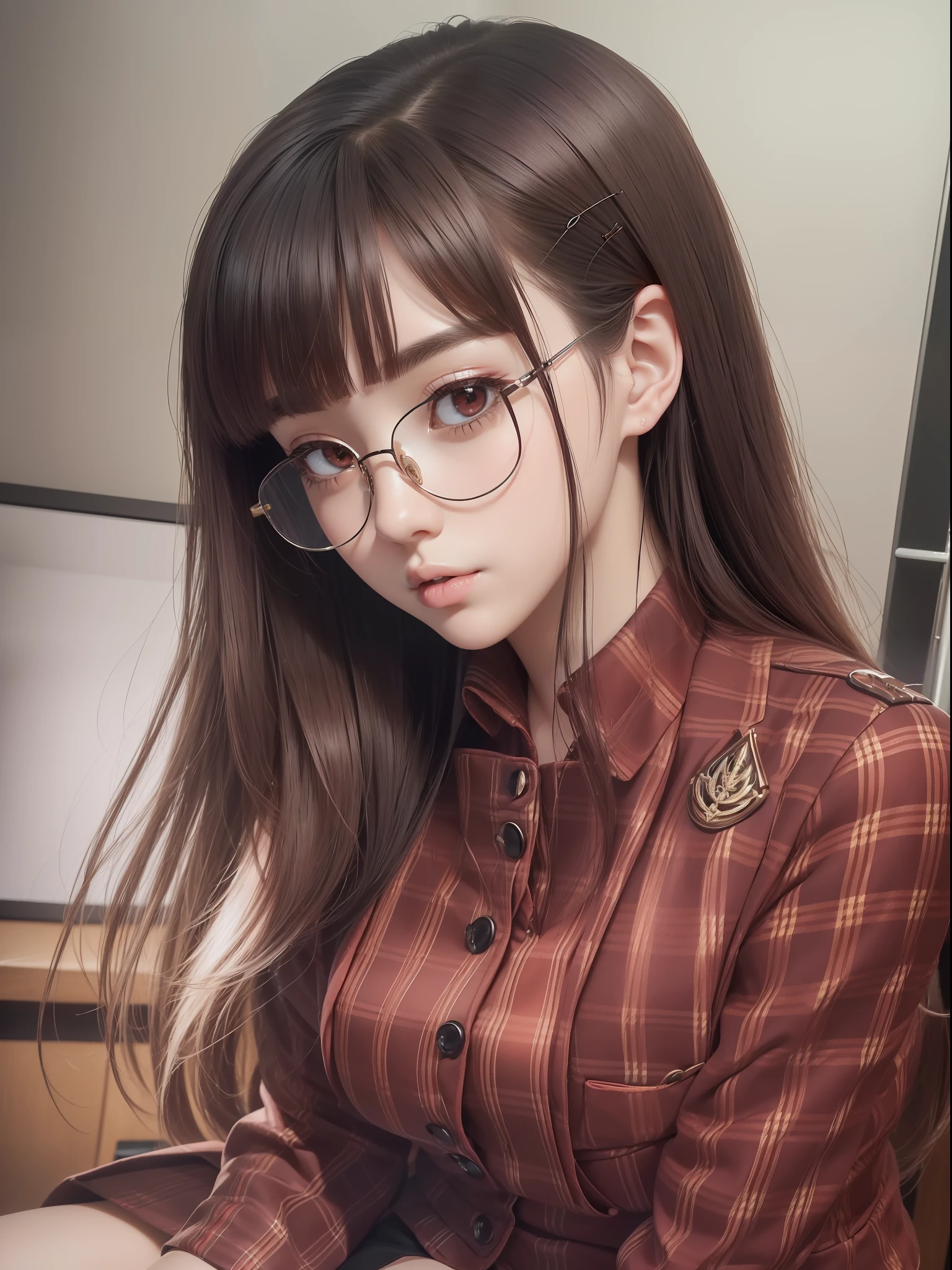 masuter piece, best qualtiy, (((realisitic, Photorealsitic:1.37))), ((独奏)), 8K image quality, Extremely delicate and beautiful, splendid, Official art with attention to detail, Ridiculous, Unbelievably ridiculous, huge filesize, ultra-detailliert, ighly detailed, (Petite and cute girl), (detailed girl), extremely detailed eye and face, Beautiful detailed eyes, Light makeup,, (Perfect female figure), (Korean beauty), ((fullllbody)), ((Put the head in the frame)), Brown hair, With bangs, (Cute little glasses), ((Pupils)), ((Dark red blazer on uniform), ((Miniskirt with tartan check)), (Seats next to the classroom),