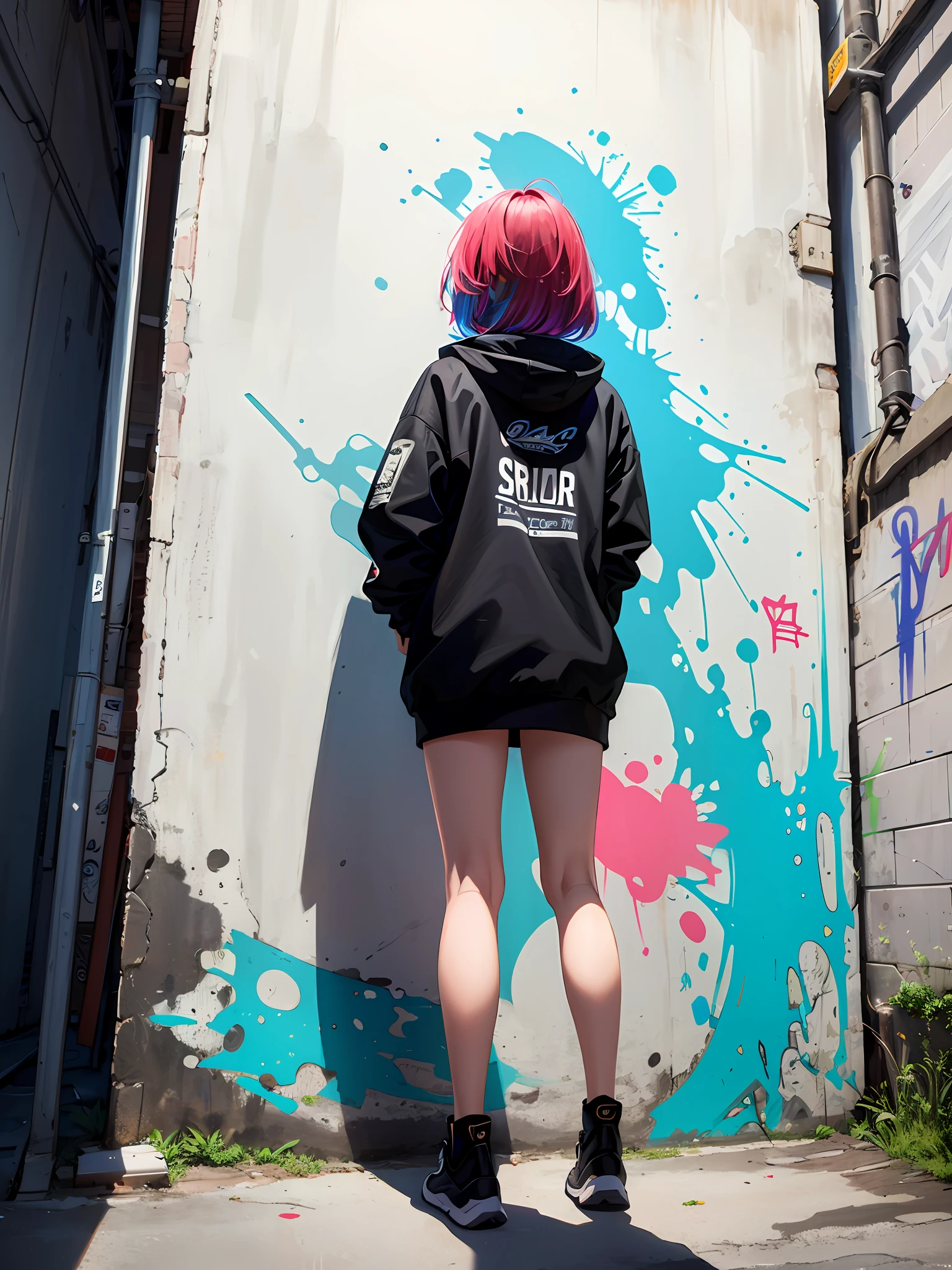 Ridiculous resolution, A high resolution, (Masterpiece:1.4), ultra - detailed, 1girll,Back alley,Graffiti is ongoing,Graffiti artist spray painting wall,paint splatter,multicolored hair, Ultra-Wide Angle