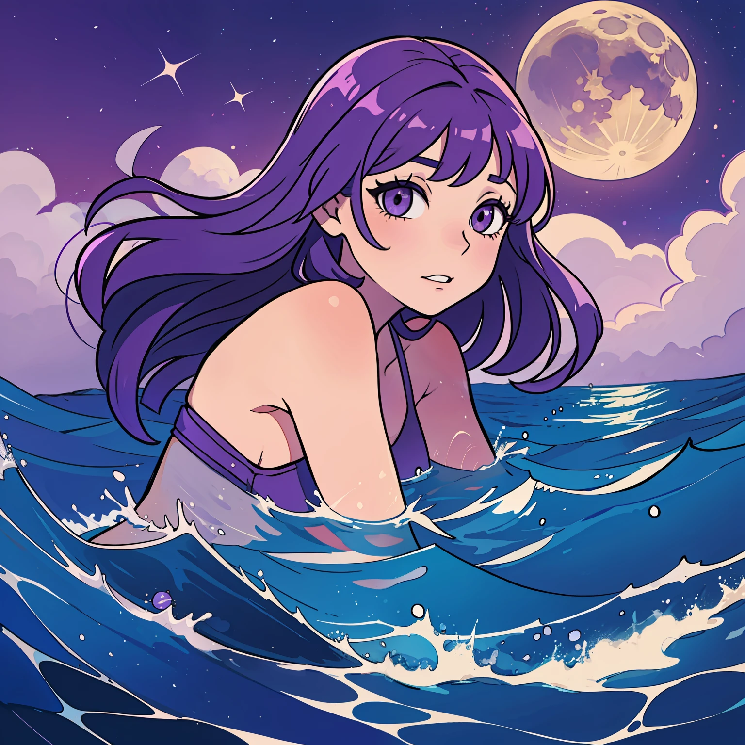 Draw a purple ocean with a moon shining brightly