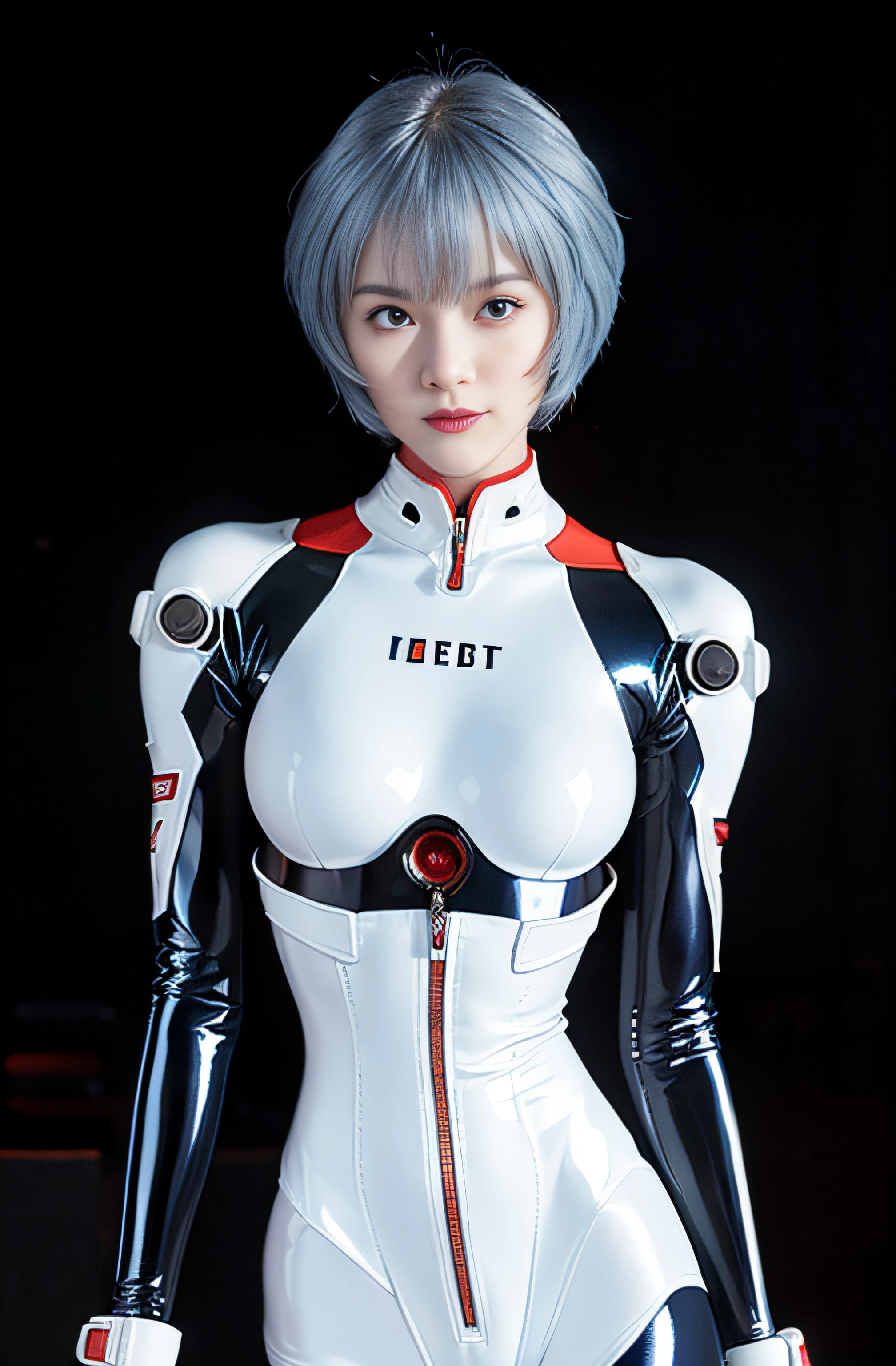 Masterpiece,NSFW1.1,((Whole body:1.1))))), (Realistic),Photos, Best Quality, 1 female,((Tall:1.1))),Ear fold,(((Rei Ayanami, Plug Suit 00:1.1))),((Red Eyes,Beautiful Face, Beautiful Eyes:1.1)))), (((Cute Face)), Wet Eyes, Face,Detail Face, Detail Lips, Detail Eyes, (Thin and Sharp Pale Eyebrows :1.1 long eyelashes), double eyelids, (seductive smile), (gentle expression, fleeting expression))),(turning sexy pose), sexy buttocks, (pearl rubber suit with strong metallic luster and smooth surface), ((sexy tight metallic shiny latex suit)))), (two thick black lines from thighs to buttocks: 1.1))), ( Movie lighting: 1.1),From below, (upright), (camelt), (sleek body line)), pale short hair, (pale thin eyebrows)), beautiful hair, (big round sexy breasts: 1.5), small logo pattern on the chest 00:1.1,mech suit, sexy thin long waist, white skin, (advanced cyberpunk research facility in the background)),(Spectacular midnight starry sky in the background : 1.5, a magnificent large full moon in the background, a spaceship in the background)))), (Face and eye details: 1.1), loneliness, blushing, (shy sexy pose)), very delicate and beautiful girl, standing, ((sexy pose with both hands on it)),(Sexy pose with closed legs)),(To8 contrast style), small egg-shaped psychosensory device on both sides of the head