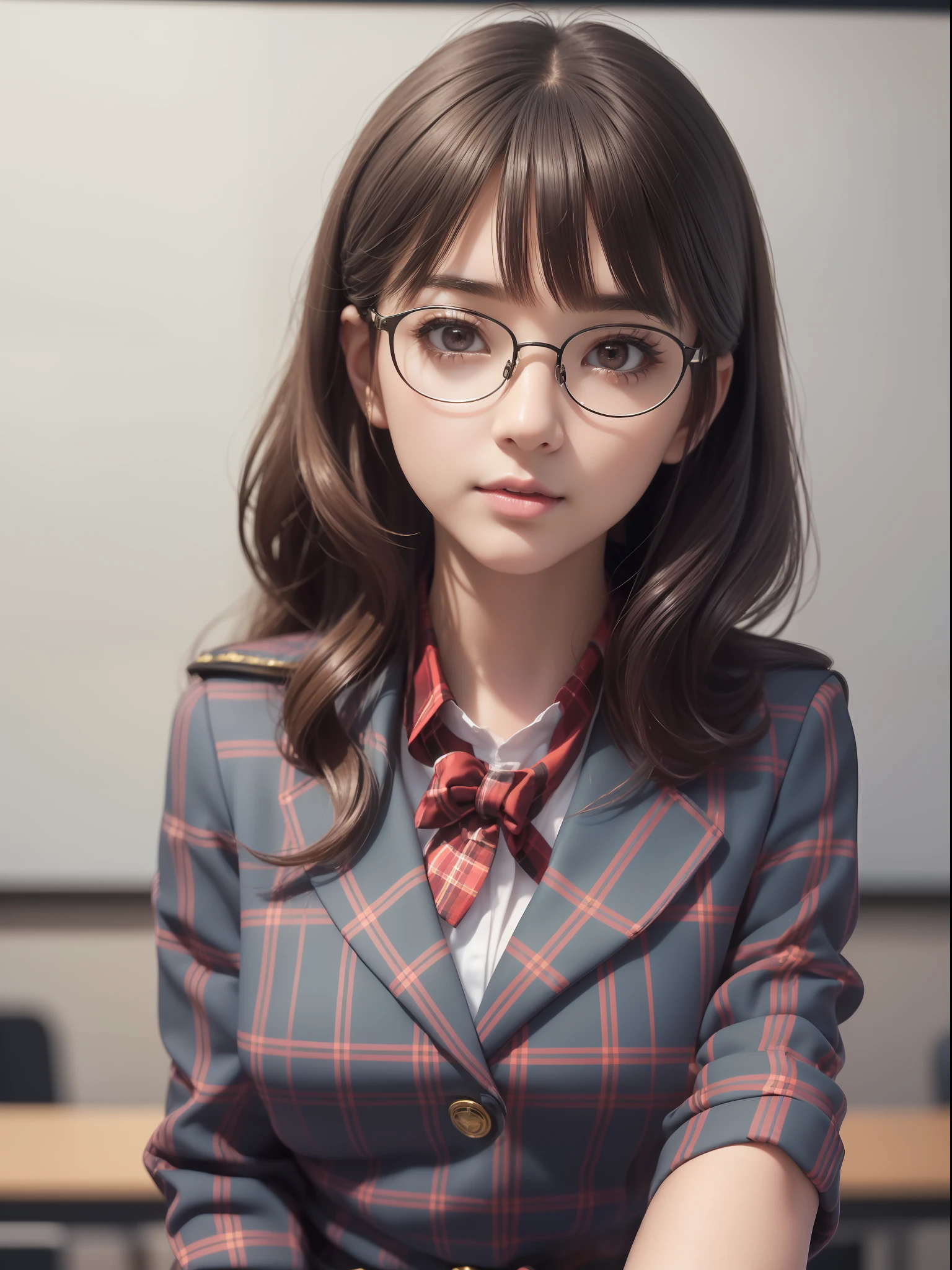 masuter piece, best qualtiy, (((realisitic, Photorealsitic:1.37))), ((独奏)), 8K image quality, Extremely delicate and beautiful, splendid, Official art with attention to detail, Ridiculous, Unbelievably ridiculous, huge filesize, ultra-detailliert, ighly detailed, (Petite and cute girl), (detailed girl), extremely detailed eye and face, Beautiful detailed eyes, Light makeup,, (Perfect female figure), (The beauty of the Japan), ((fullllbody)), ((Put the head in the frame)), A dark-haired, With bangs, (Cute little glasses), ((Pupils)), ((Dark red blazer on uniform), ((Miniskirt with tartan check)), (Seats next to the classroom),