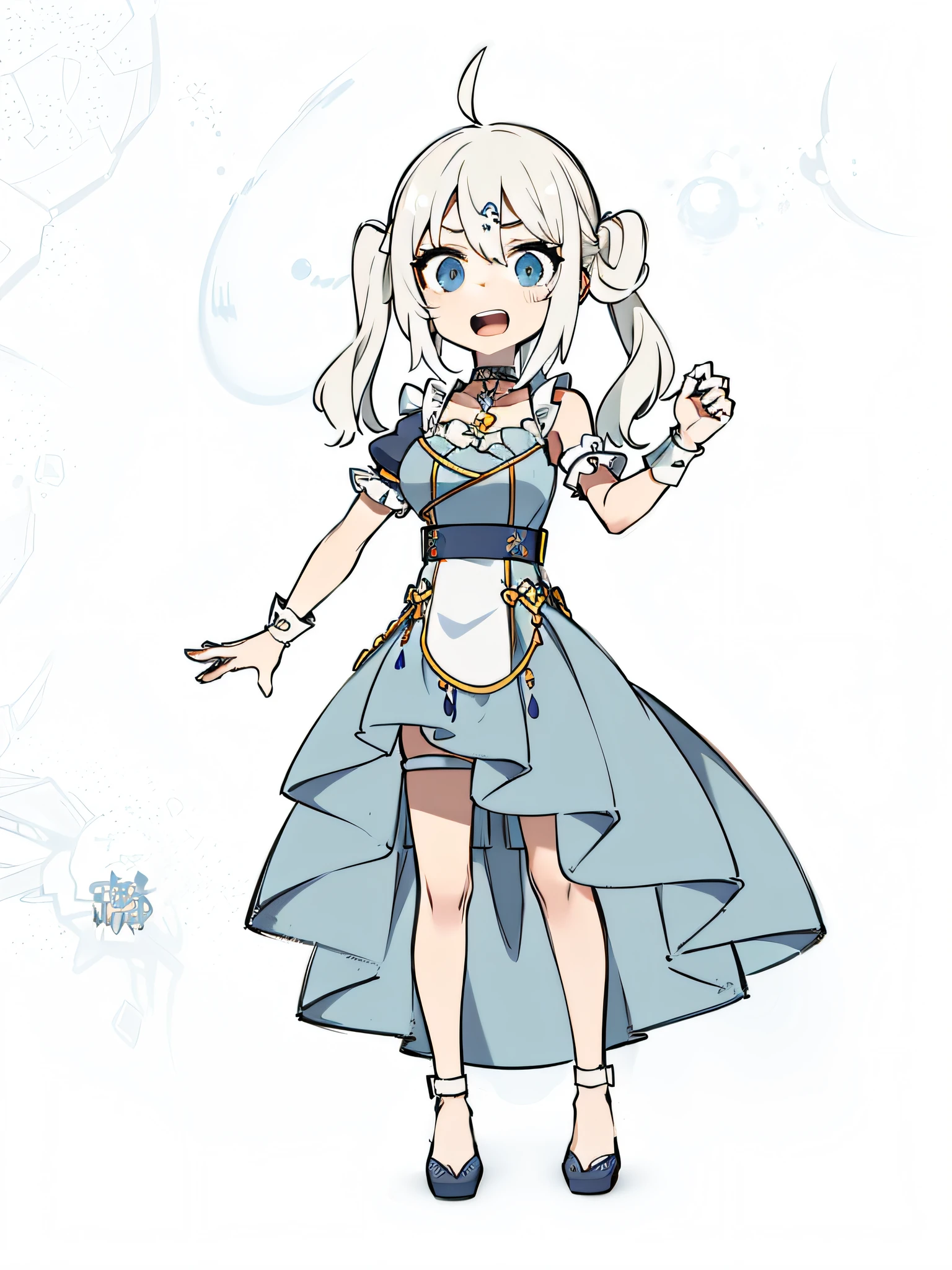 Ahoge blonde twin tails and metal hair ornament、White Sleeveless Cheongsam、White short-sleeved puff sleeves、White ruffled cuffs and metal bracelet、Light Blue Asymmetrical Fishtail Dress、white panniers、Metal choker、Metal Garter Rings、Metal pump