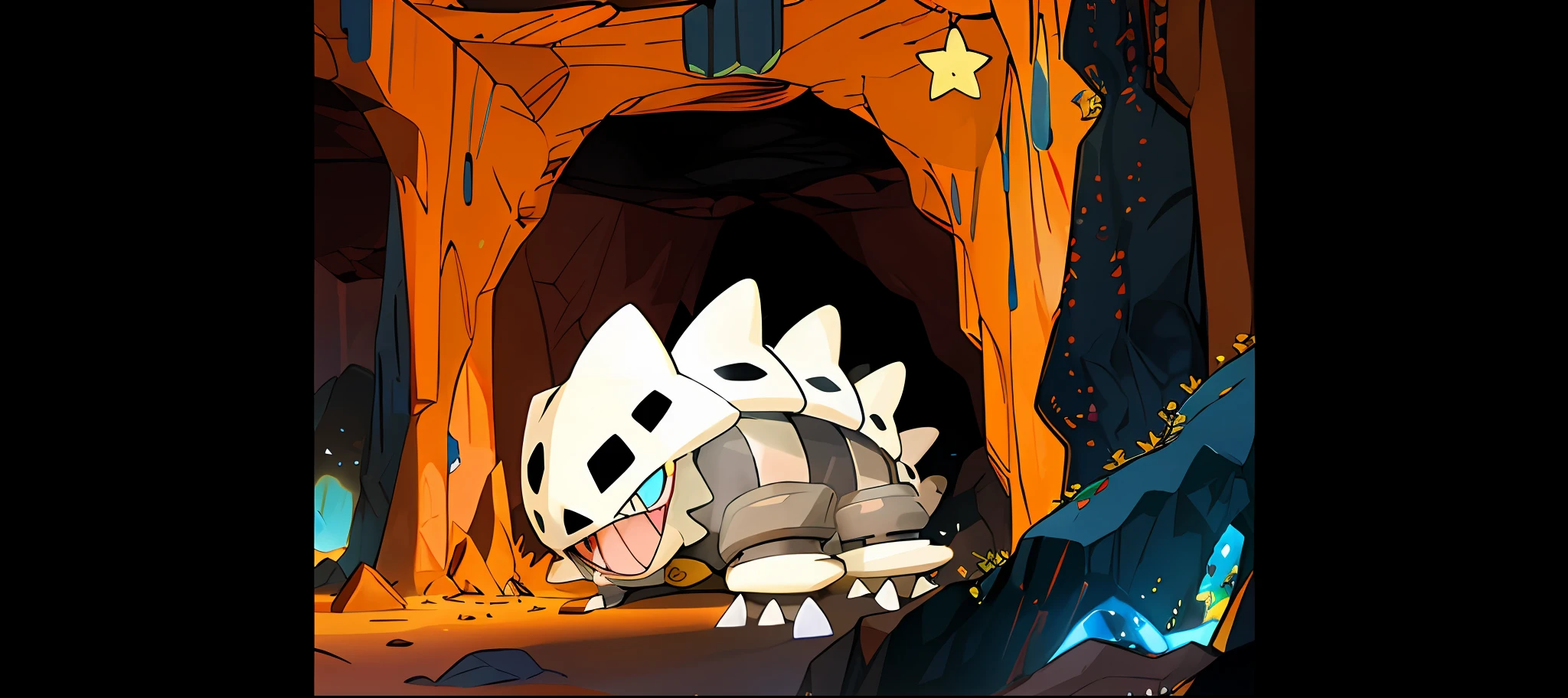 A cartoon cave with a huge white and black animal, new pokemon, pokemon art style, mimikyu, weird pokemon, illustration pokemon, guggimon, giant dragon resting in a cave, Gelbooru anime image, conceptual mystery pokemon, Burly, roshan, Official artwork, gelbooru, blobs, style of pokemon, offcial art