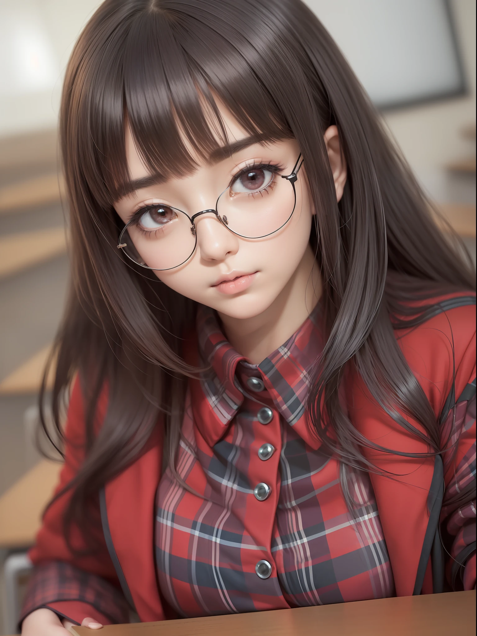 masuter piece, best qualtiy, (((realisitic, Photorealsitic:1.37))), ((独奏)), 8K image quality, Extremely delicate and beautiful, splendid, Official art with attention to detail, Ridiculous, Unbelievably ridiculous, huge filesize, ultra-detailliert, ighly detailed, (Petite and cute girl), (detailed girl), extremely detailed eye and face, Beautiful detailed eyes, Light makeup,, (Perfect female figure), (The beauty of the Japan), ((fullllbody)), ((Put the head in the frame)), A dark-haired, With bangs, (Cute little glasses), ((Pupils)), ((Dark red blazer on uniform), ((Miniskirt with tartan check)), (Seats next to the classroom),