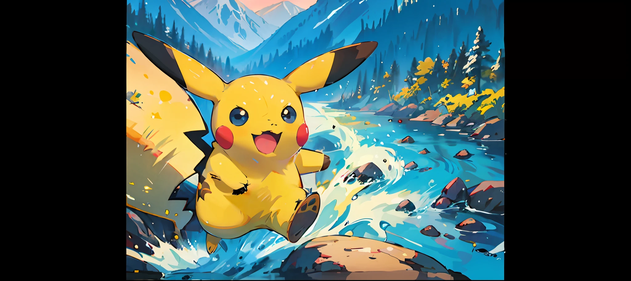 Pokemon Pikachu flies over mountain streams, pikachu in a forest, pikachu in a forest, concept art of pikachu, illustration pokemon, pikachu on acid, pokemon in the wild, pokemon art style, pikachu tarot card, Pikachu, mika pikazo, pokemon trading card game, Pokemon, Pokémon, megaman as pikachu, pikachu as jesus, pokemon anime style