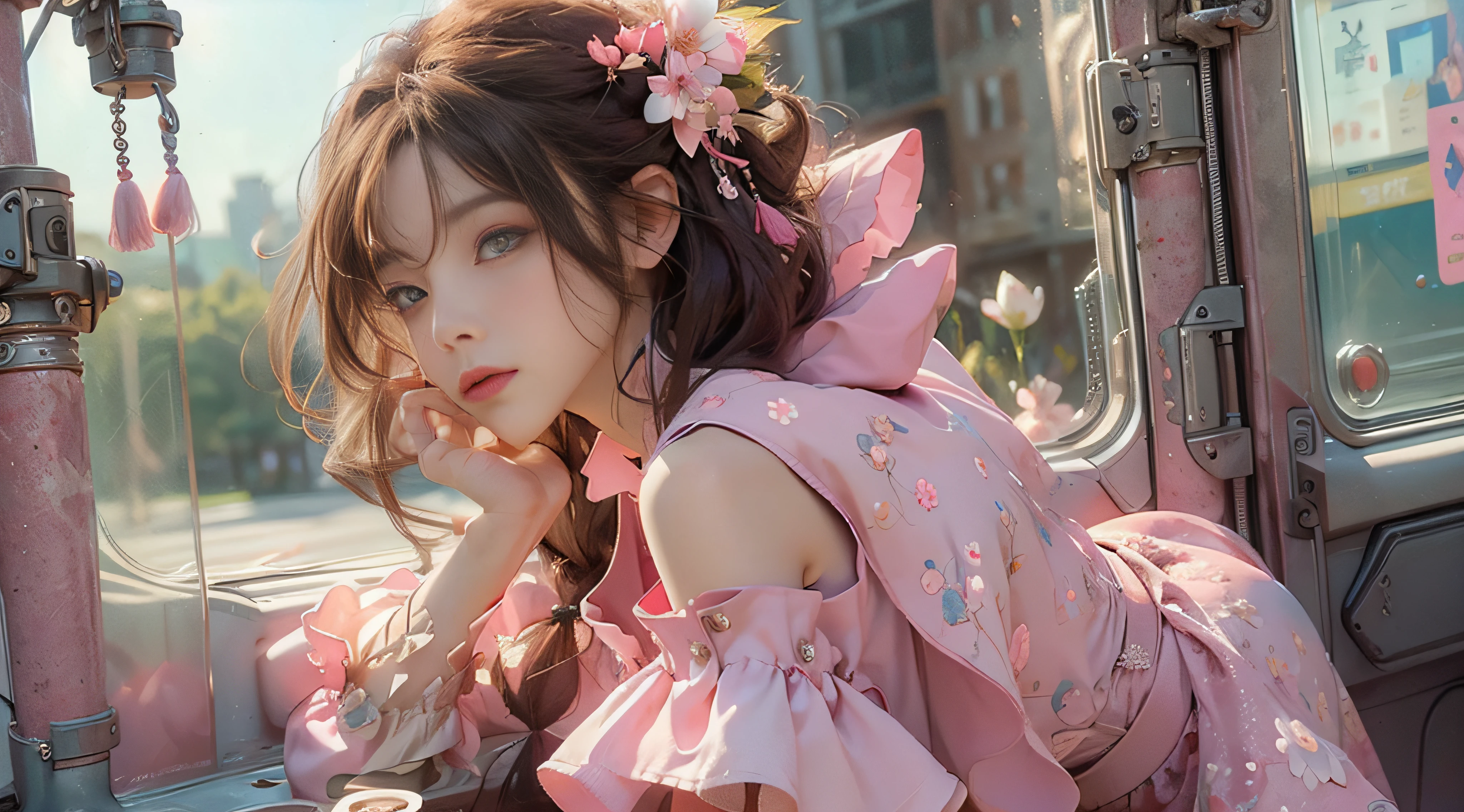((best qualtiy)), ((tmasterpiece)), (Detail:1.4), 3D, Beautiful cyberpunk female images,hdr(HighDynamicRange),Ray traching,NVIDIA RTX,Hyper-Resolution,illusory 5,sub surface scattering,PBR textures,post-proces,Anisotropy Filtering,depth of fields,maximum definition and sharpness,Many-Layer Textures,Albedo e mapas Speculares,Surface Coloring,Mitsu-Accurate simulation of material interactions,perfectly proportioned,rendering by octane,Two-colored light,largeaperture,Low ISO,White balance,Rule three points、8K raw data、beautiful bright pupils,off-the-shoulder clothes,Fine pupils,Delicate face and eyes,long eyelasher,Blushlush,Delicate and fluffy hair,pink lip,Pure,cute big breasts,Sweet girl,Artistic sense,Casual wear,Advancedsense,butterflys,Cherry blossom petal,Beautiful hair accessories,Long hair and waist,Hair fluttering in the wind,The light from the back window is backlighted