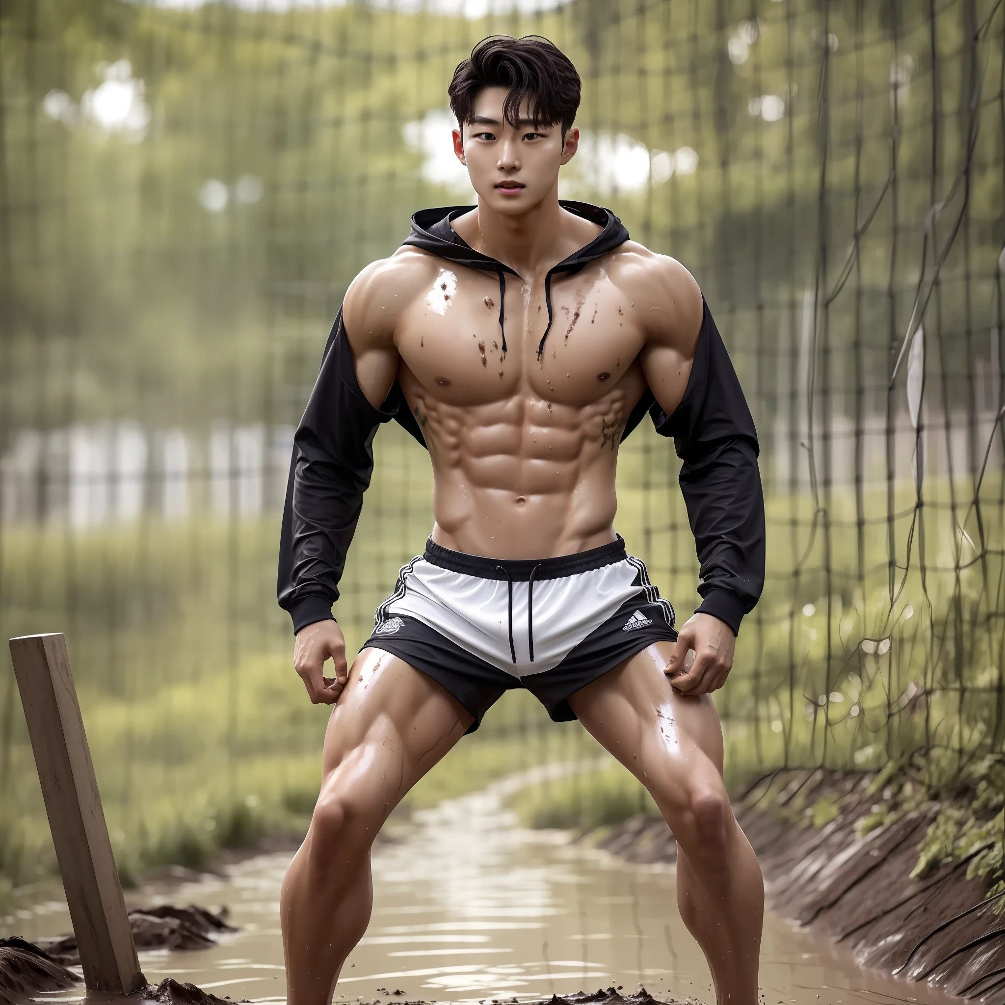 Abs handsome，年轻，are standing，Physical education students train outdoors，There is mud on the body，paleskin，Barefoot，fully body photo，Wear a transparent raincoat((paleskin))，There is also mud on the face，Run at the World Cup