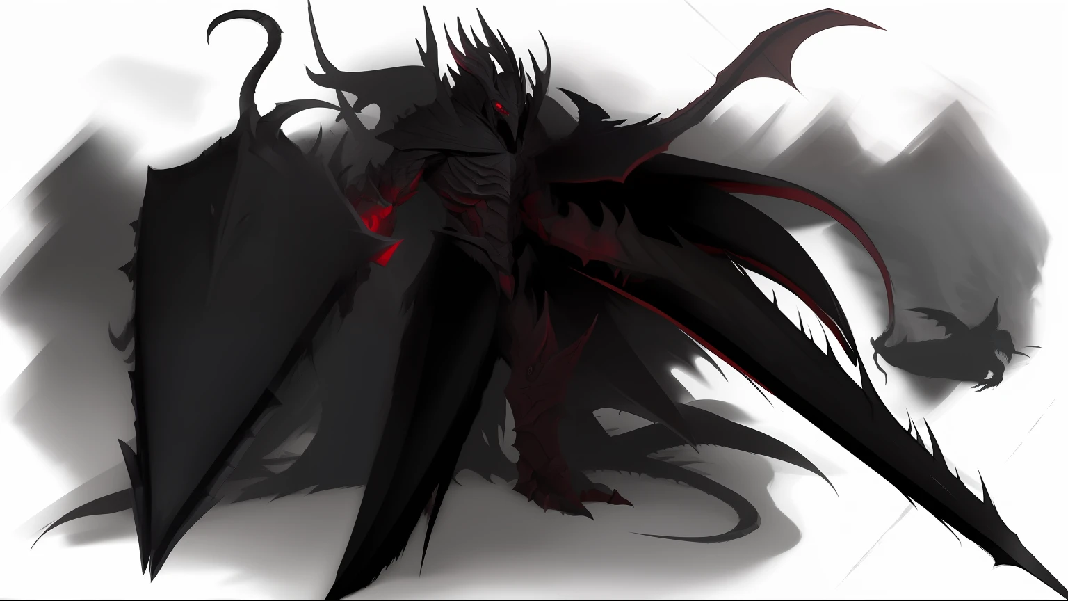 There is a drawing of a demon with a large black head, anthropomorphic raven knight, Black Dragon, reaper of night!!!!, dark soul concept, Armor dress, Inspired by a demonic dragon, dark fantasy style art, dark high-contrast concept art, black wings instead of arms, demon soul concept art, Ancalagon Black, Dark feathered wings, dark concept art, A knight with a shield