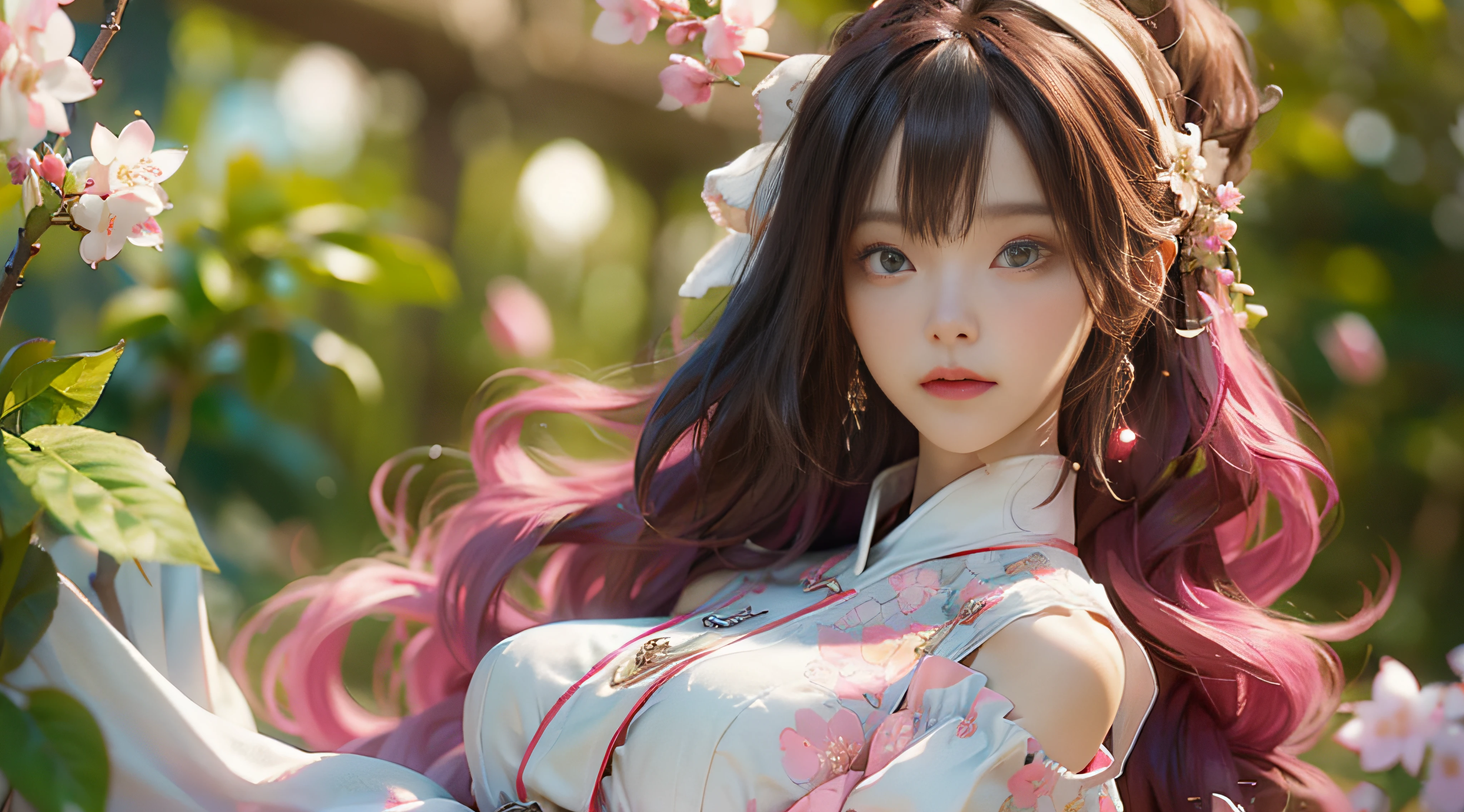 ((best qualtiy)), ((tmasterpiece)), (Detail:1.4), 3D, Beautiful cyberpunk female images,hdr(HighDynamicRange),Ray traching,NVIDIA RTX,Hyper-Resolution,illusory 5,sub surface scattering,PBR textures,post-proces,Anisotropy Filtering,depth of fields,maximum definition and sharpness,Many-Layer Textures,Albedo e mapas Speculares,Surface Coloring,Mitsu-Accurate simulation of material interactions,perfectly proportioned,rendering by octane,Two-colored light,largeaperture,Low ISO,White balance,Rule three points、8K raw data、beautiful bright pupils,off-the-shoulder clothes,Fine pupils,Delicate face and eyes,long eyelasher,Blushlush,Delicate and fluffy hair,pink lip,Pure,cute big breasts,Sweet girl,Artistic sense,Casual wear,Advancedsense,butterflys,Cherry blossom petal,Beautiful hair accessories,Long hair and waist,Hair fluttering in the wind,The light from the back window is backlighted