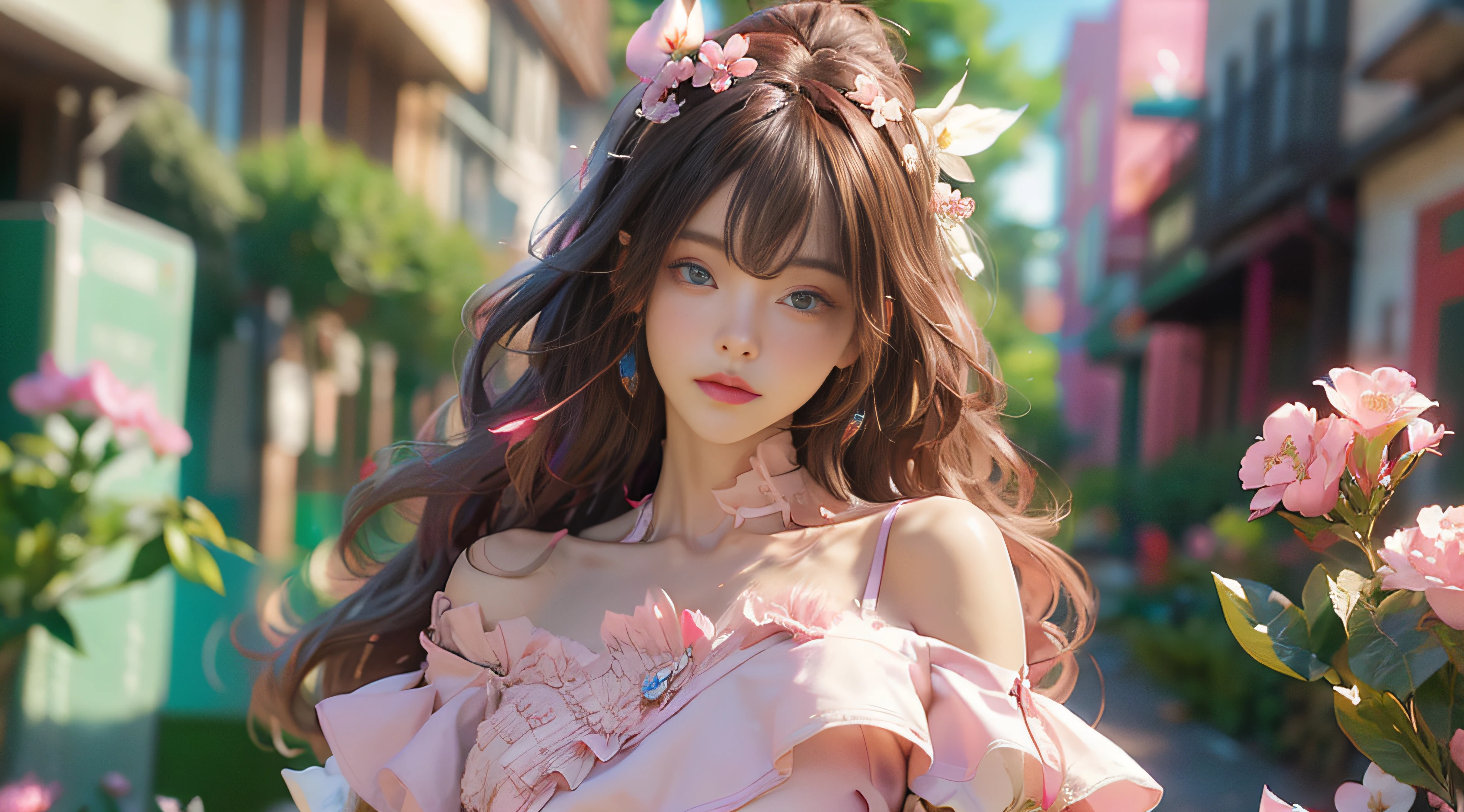 （（best qualtiy））， （（tmasterpiece））， （Detail：1.4）， 3D， Beautiful cyberpunk female images，hdr（HighDynamicRange），Ray traching，NVIDIA RTX，Hyper-Resolution，illusory 5，sub surface scattering，PBR textures，post-proces，Anisotropy Filtering，depth of fields，maximum definition and sharpness，Many-Layer Textures，Albedo e mapas Speculares，Surface Coloring，Mitsu-Accurate simulation of material interactions，perfectly proportioned，rendering by octane，Two-colored light，largeaperture，Low ISO，White balance，Rule three points、8K raw data、beautiful bright pupils，off-the-shoulder clothes，Fine pupils，Delicate face and eyes，long eyelasher，Blushlush，Delicate and fluffy hair，pink lip，Pure，cute big breasts，Sweet girl，Artistic sense，Casual wear，Advancedsense，butterflys，Cherry blossom petal，Beautiful hair accessories，Long hair and waist，Hair fluttering in the wind