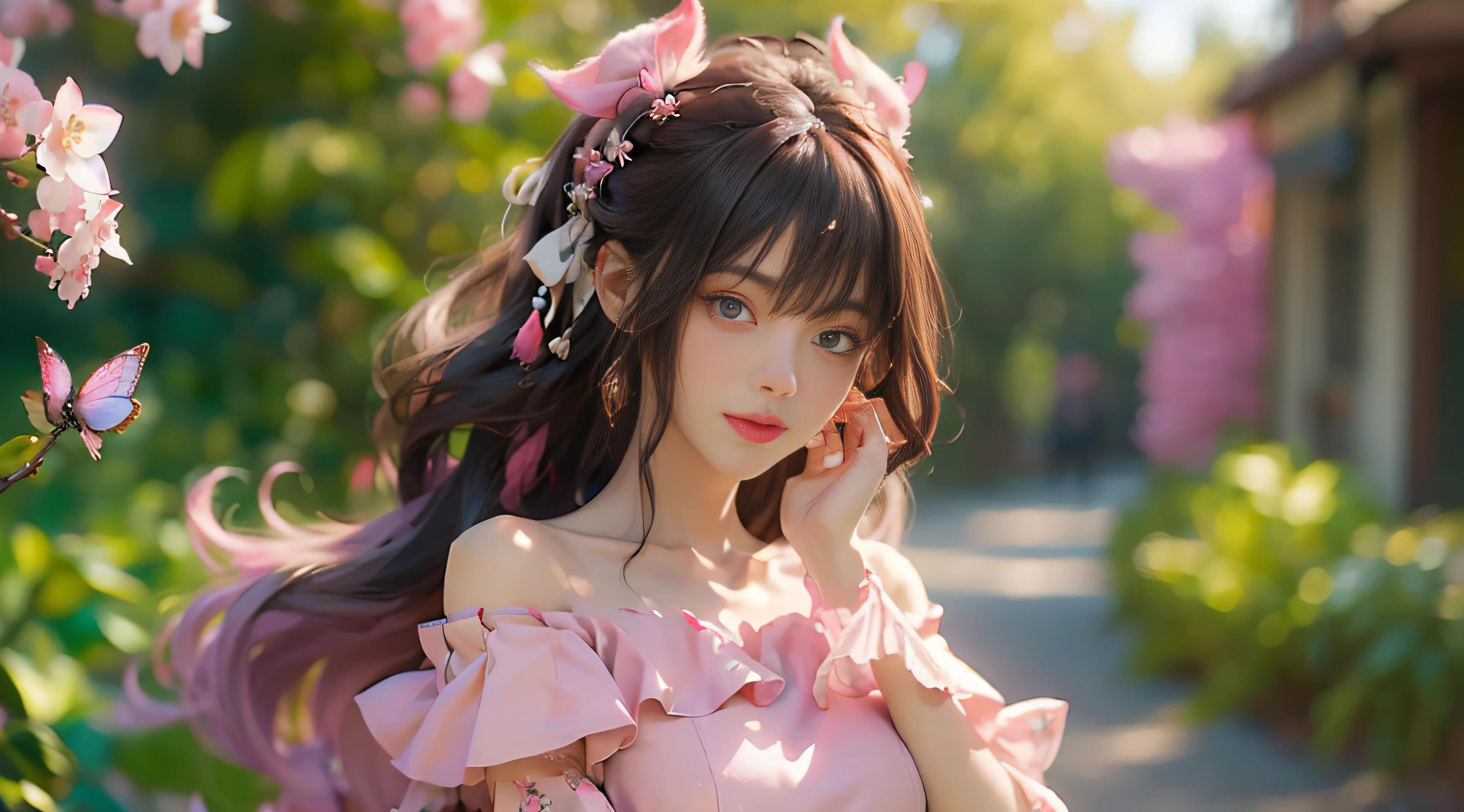 ((best qualtiy)), ((tmasterpiece)), (Detail:1.4), 3D, Beautiful cyberpunk female images,hdr(HighDynamicRange),Ray traching,NVIDIA RTX,Hyper-Resolution,illusory 5,sub surface scattering,PBR textures,post-proces,Anisotropy Filtering,depth of fields,maximum definition and sharpness,Many-Layer Textures,Albedo e mapas Speculares,Surface Coloring,Mitsu-Accurate simulation of material interactions,perfectly proportioned,rendering by octane,Two-colored light,largeaperture,Low ISO,White balance,Rule three points、8K raw data、beautiful bright pupils,off-the-shoulder clothes,Fine pupils,Delicate face and eyes,long eyelasher,Blushlush,Delicate and fluffy hair,pink lip,Pure,cute big breasts,Sweet girl,Artistic sense,Casual wear,Advancedsense,butterflys,Cherry blossom petal,Beautiful hair accessories,Long hair and waist,Hair fluttering in the wind