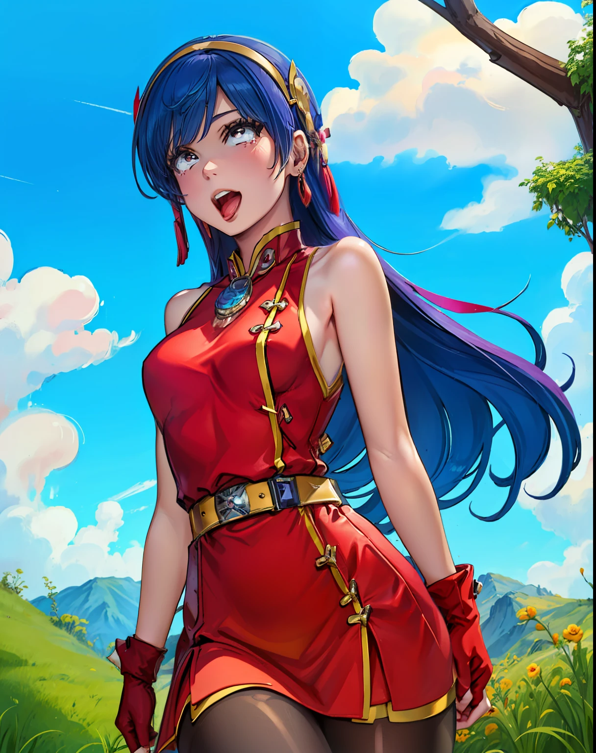 (masterpiece, best quality, high resolution),cowboy shot, 1girl, solo, athenams, hairband, chinese clothes, red dress, gloves, hair ornament ,bare shoulders, ahegao