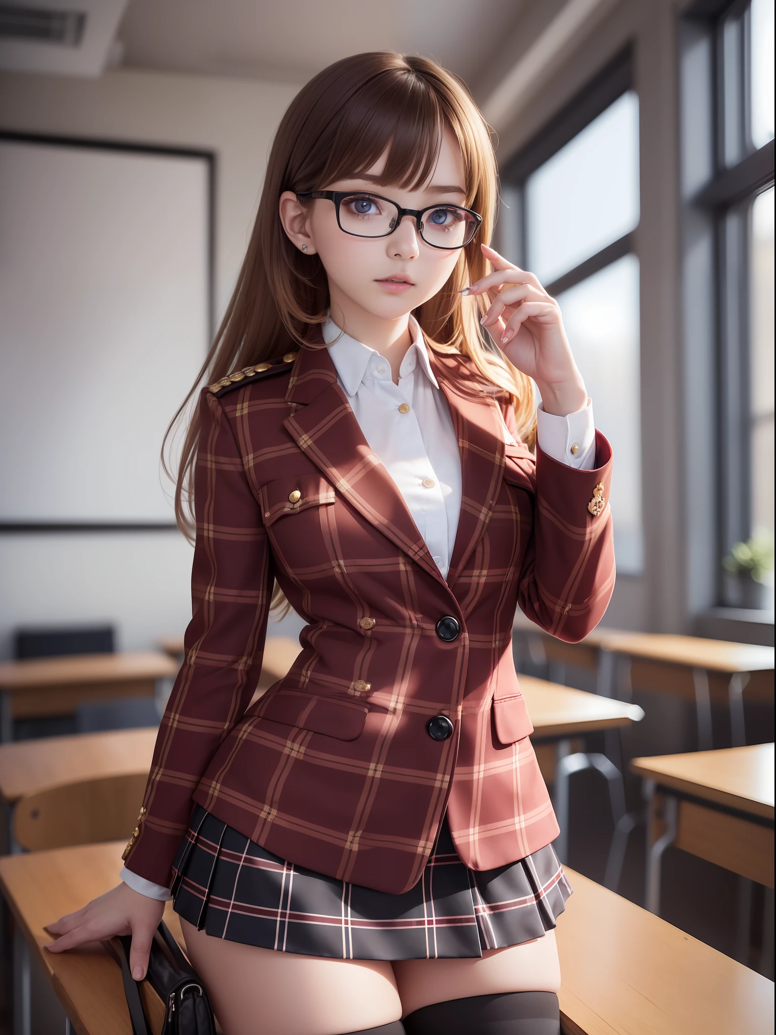 masuter piece, best qualtiy, (((realisitic, Photorealsitic:1.37))), ((独奏)), 8K image quality, Extremely delicate and beautiful, splendid, Official art with attention to detail, Ridiculous, Unbelievably ridiculous, huge filesize, ultra-detailliert, ighly detailed, (Petite and cute girl), (detailed girl), extremely detailed eye and face, Beautiful detailed eyes, Light makeup,, (Perfect female figure), (Nordic beauty), ((fullllbody)), ((Put the head in the frame)), Blond hair head hair, With bangs, (Cute little glasses), ((Pupils)), (((Dark red blazer on uniform、Miniskirt with tartan check))), (Seats next to the classroom),