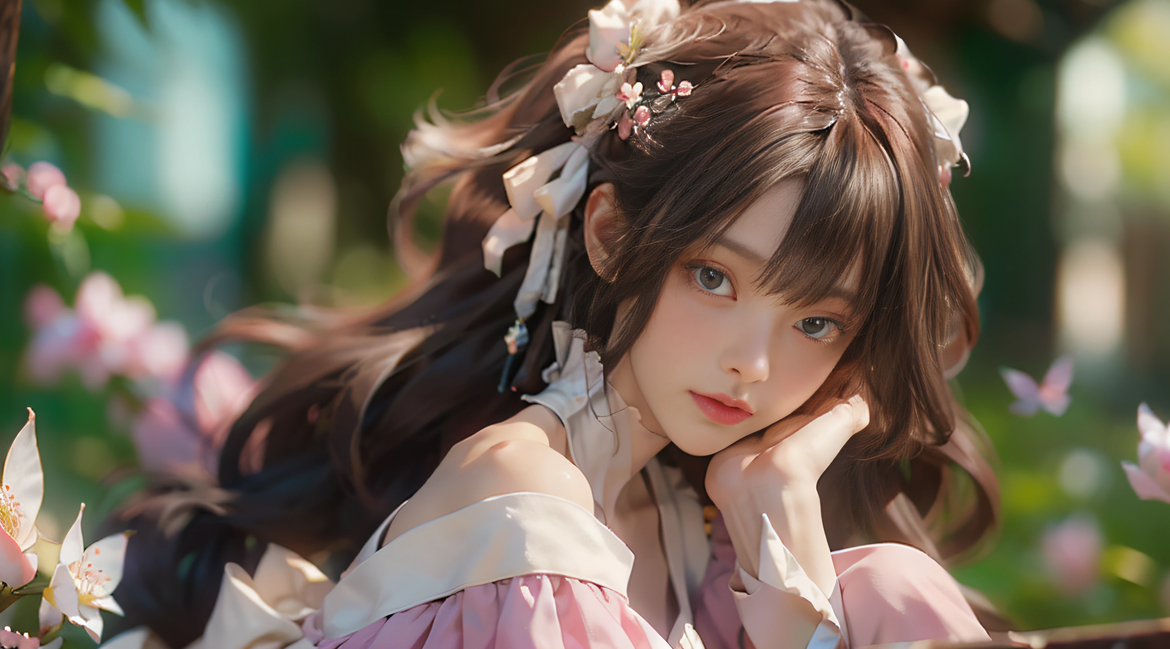 ((best qualtiy)), ((tmasterpiece)), (Detail:1.4), 3D, Beautiful cyberpunk female images,hdr(HighDynamicRange),Ray traching,NVIDIA RTX,Hyper-Resolution,illusory 5,sub surface scattering,PBR textures,post-proces,Anisotropy Filtering,depth of fields,maximum definition and sharpness,Many-Layer Textures,Albedo e mapas Speculares,Surface Coloring,Mitsu-Accurate simulation of material interactions,perfectly proportioned,rendering by octane,Two-colored light,largeaperture,Low ISO,White balance,Rule three points、8K raw data、beautiful bright pupils,off-the-shoulder clothes,Fine pupils,Delicate face and eyes,long eyelasher,Blushlush,Delicate and fluffy hair,pink lip,Pure,cute big breasts,Sweet girl,Artistic sense,Casual wear,Advancedsense,butterflys,Cherry blossom petal,Beautiful hair accessories,Long hair and waist,Hair fluttering in the wind
