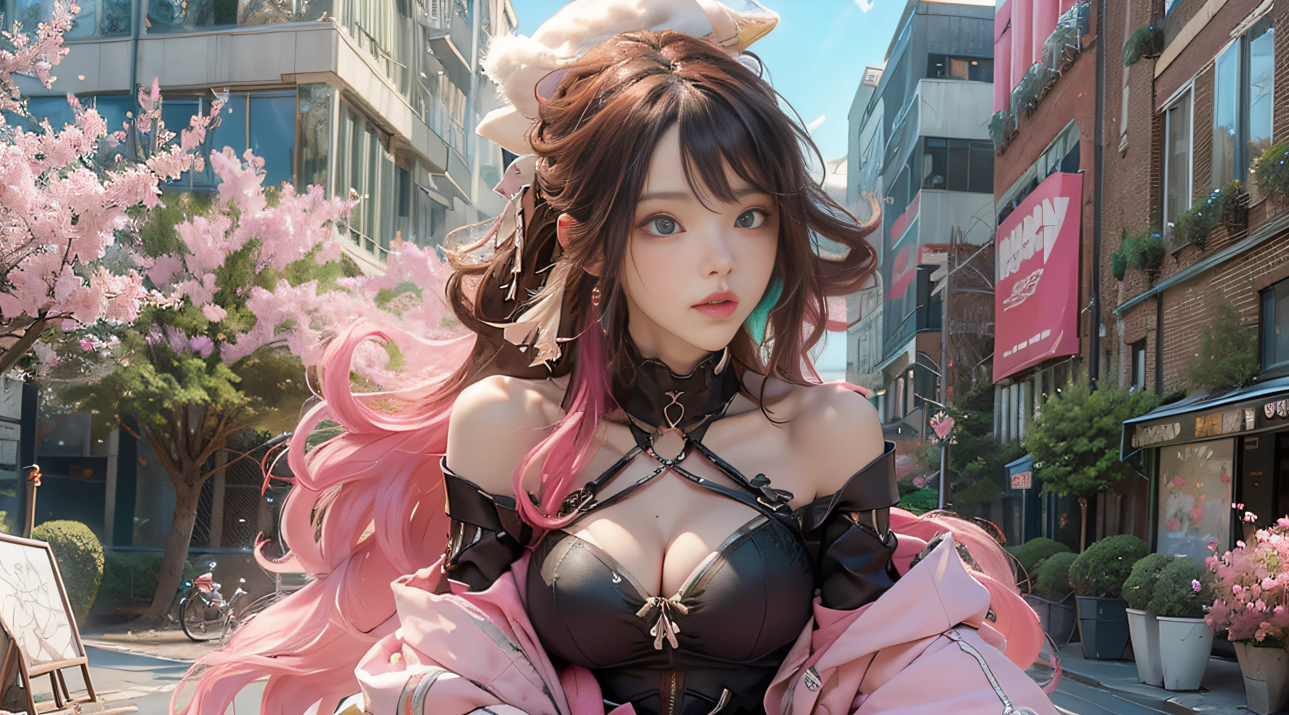 ((best qualtiy)), ((tmasterpiece)), (Detail:1.4), 3D, Beautiful cyberpunk female images,hdr(HighDynamicRange),Ray traching,NVIDIA RTX,Hyper-Resolution,illusory 5,sub surface scattering,PBR textures,post-proces,Anisotropy Filtering,depth of fields,maximum definition and sharpness,Many-Layer Textures,Albedo e mapas Speculares,Surface Coloring,Mitsu-Accurate simulation of material interactions,perfectly proportioned,rendering by octane,Two-colored light,largeaperture,Low ISO,White balance,Rule three points、8K raw data、beautiful bright pupils,off-the-shoulder clothes,Fine pupils,Delicate face and eyes,long eyelasher,Blushlush,Delicate and fluffy hair,pink lip,Pure,cute big breasts,Sweet girl,Artistic sense,Casual wear,Advancedsense,butterflys,Cherry blossom petal,Beautiful hair accessories,Long hair and waist,Hair fluttering in the wind