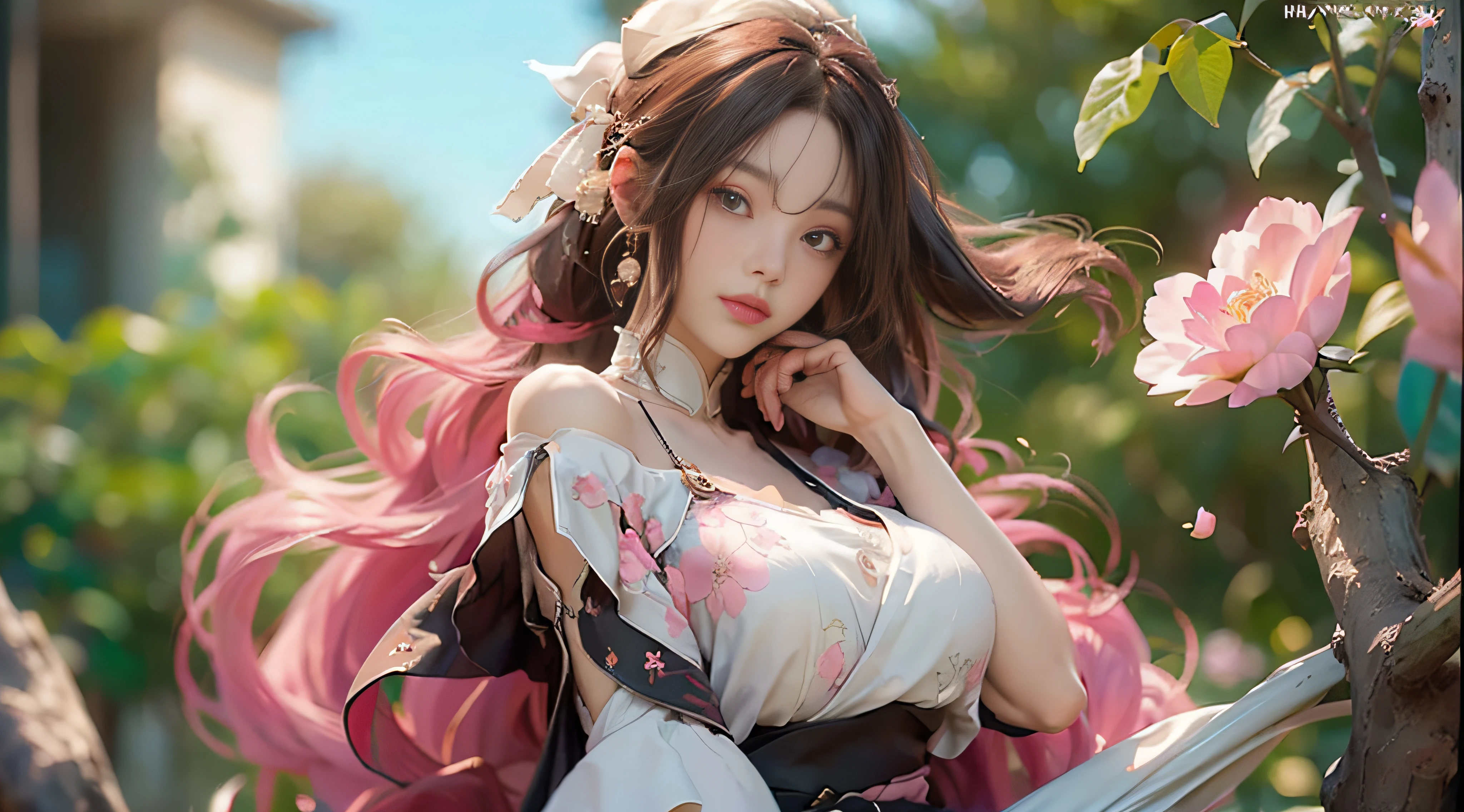 （（best qualtiy））， （（tmasterpiece））， （Detail：1.4）， 3D， Beautiful cyberpunk female images，hdr（HighDynamicRange），Ray traching，NVIDIA RTX，Hyper-Resolution，illusory 5，sub surface scattering，PBR textures，post-proces，Anisotropy Filtering，depth of fields，maximum definition and sharpness，Many-Layer Textures，Albedo e mapas Speculares，Surface Coloring，Mitsu-Accurate simulation of material interactions，perfectly proportioned，rendering by octane，Two-colored light，largeaperture，Low ISO，White balance，Rule three points、8K raw data、beautiful bright pupils，off-the-shoulder clothes，Fine pupils，Delicate face and eyes，long eyelasher，Blushlush，Delicate and fluffy hair，pink lip，Pure，cute big breasts，Sweet girl，Artistic sense，Casual wear，Advancedsense，butterflys，Cherry blossom petal，Beautiful hair accessories，Long hair and waist，Hair fluttering in the wind