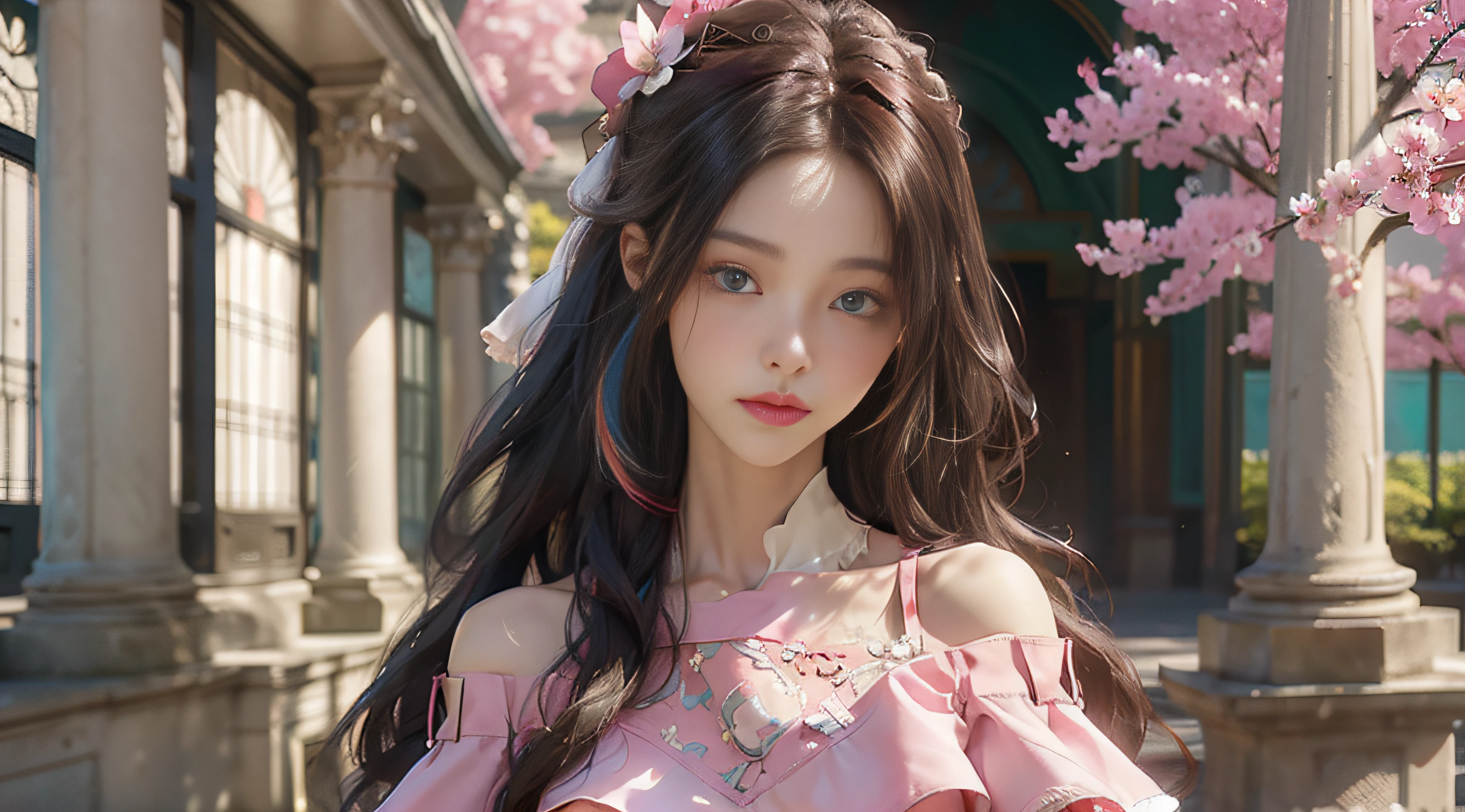 （（best qualtiy））， （（tmasterpiece））， （Detail：1.4）， 3D， Beautiful cyberpunk female images，hdr（HighDynamicRange），Ray traching，NVIDIA RTX，Hyper-Resolution，illusory 5，sub surface scattering，PBR textures，post-proces，Anisotropy Filtering，depth of fields，maximum definition and sharpness，Many-Layer Textures，Albedo e mapas Speculares，Surface Coloring，Mitsu-Accurate simulation of material interactions，perfectly proportioned，rendering by octane，Two-colored light，largeaperture，Low ISO，White balance，Rule three points、8K raw data、beautiful bright pupils，off-the-shoulder clothes，Fine pupils，Delicate face and eyes，long eyelasher，Blushlush，Delicate and fluffy hair，pink lip，Pure，cute big breasts，Sweet girl，Artistic sense，Casual wear，Advancedsense，butterflys，Cherry blossom petal，Beautiful hair accessories，Long hair and waist，Hair fluttering in the wind