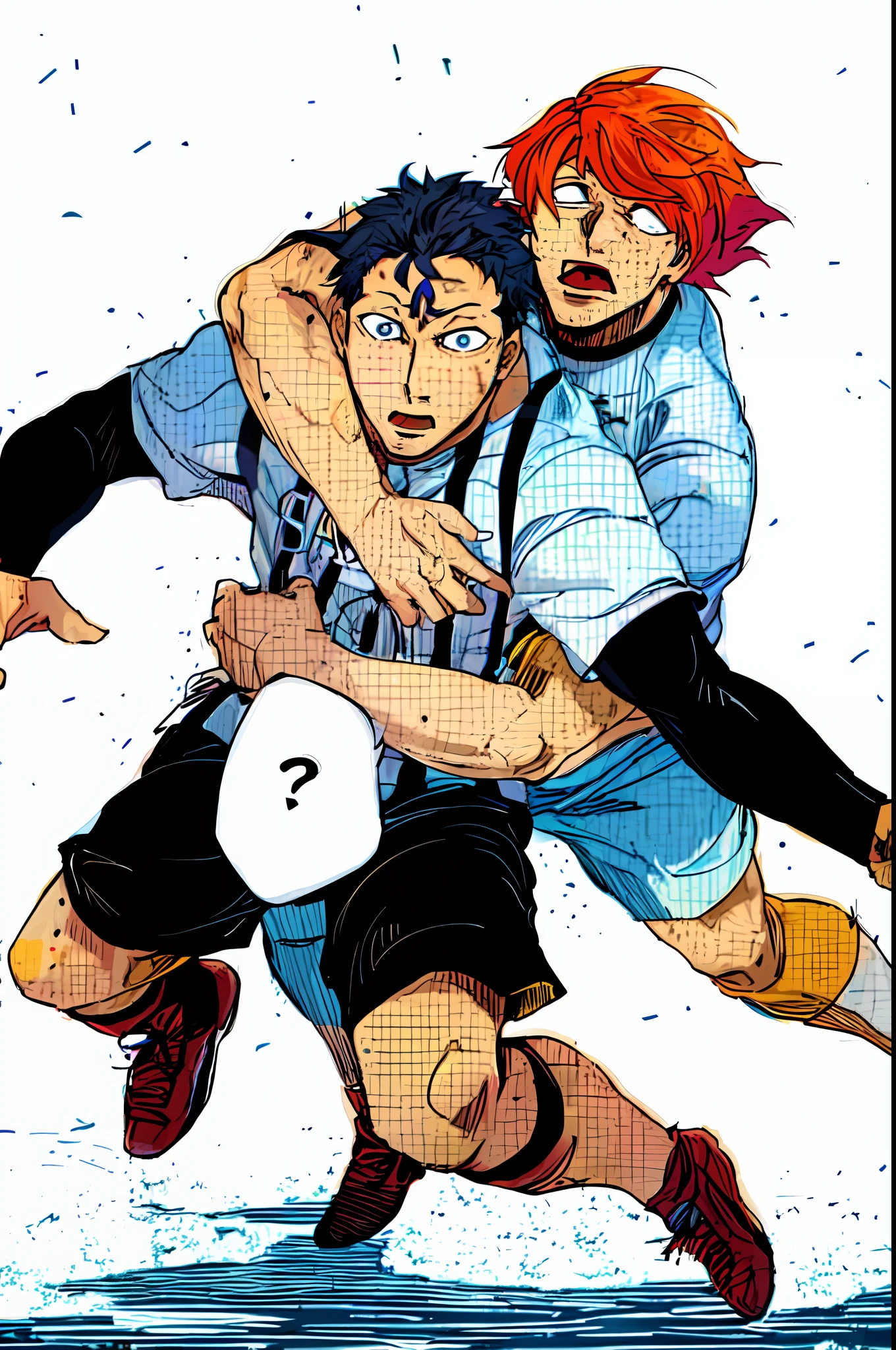 "The boy catches his opponent from behind and commits a foul, embracing from behind, manga-style coloring, vibrant colors, dynamic manga panel, minimalist background, white backdrop.", color manga, manga color, color manga, color manga panel, simple background, a black background