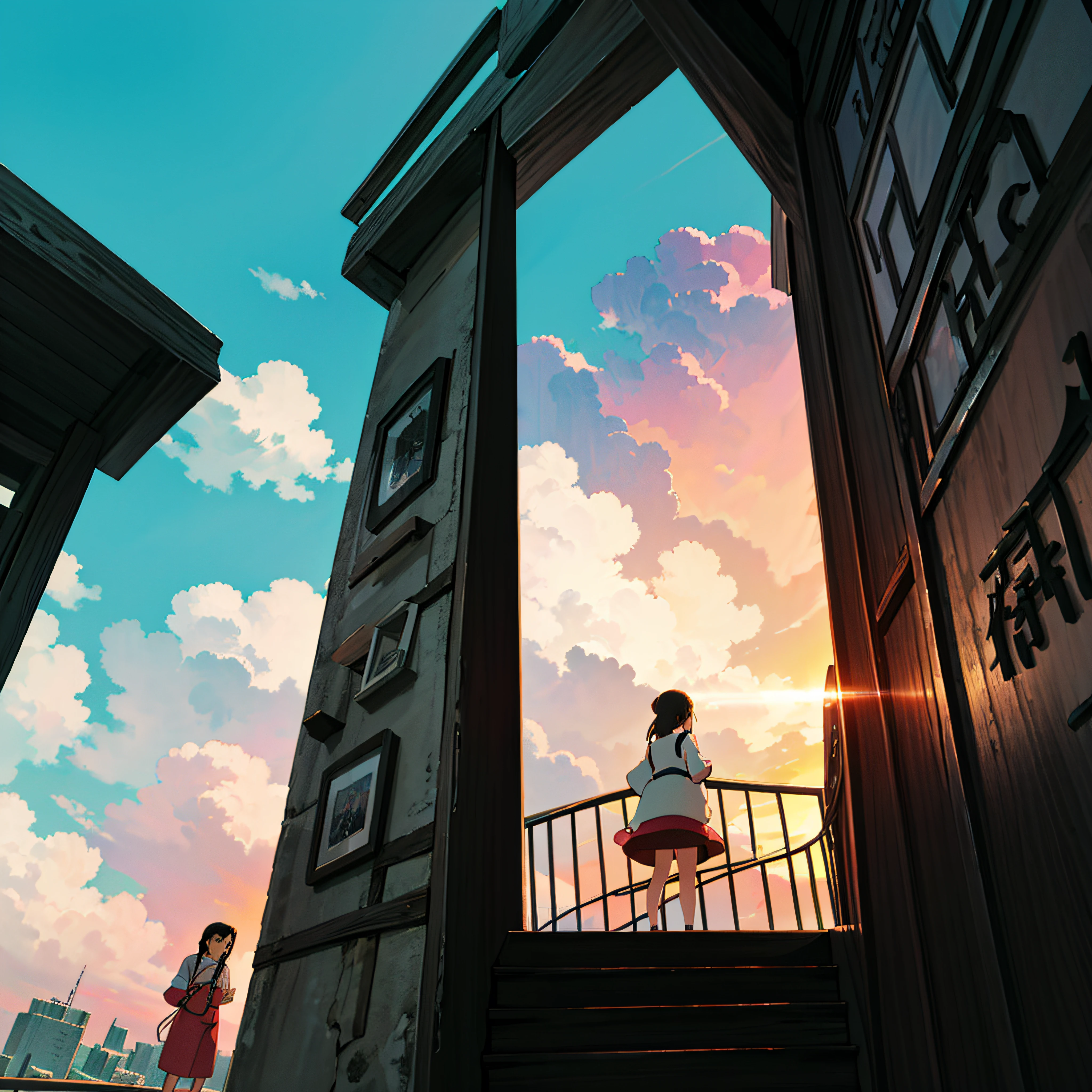 animesque、Skyscape with clouds、Red sunset sky、Deities々Shikai、stairway、You can see the touch of the brush、no human figures、Studio Ghibli、Ghibli、Scenery、Style、The light is sparkling、sky line、low angles --auto