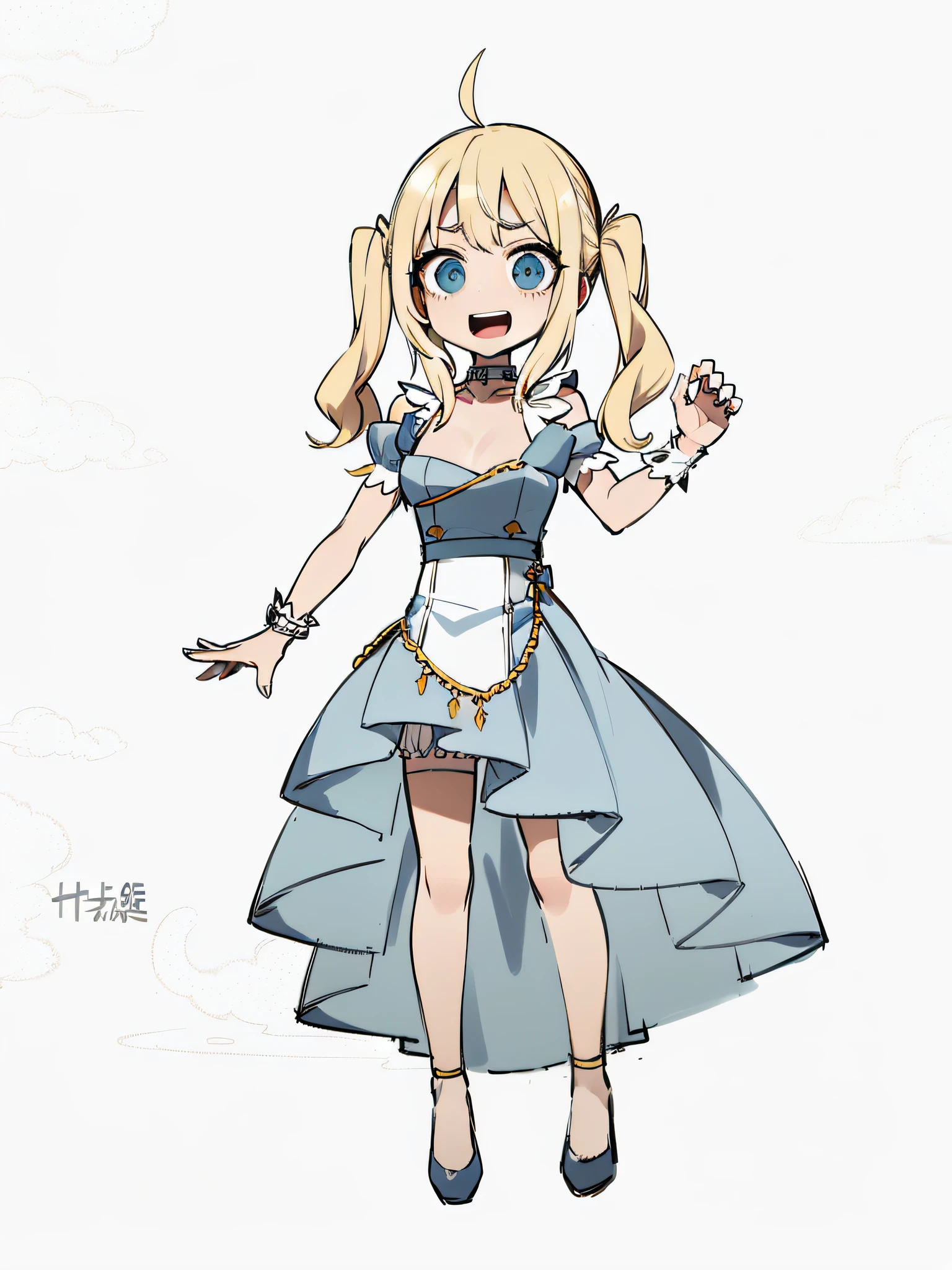 Ahoge blonde twin tails and metal hair ornament、White Sleeveless Cheongsam、White short-sleeved puff sleeves、White ruffled cuffs and metal bracelet、Light Blue Asymmetrical Fishtail Dress、white panniers、Metal choker、Metal Garter Rings、Metal pump