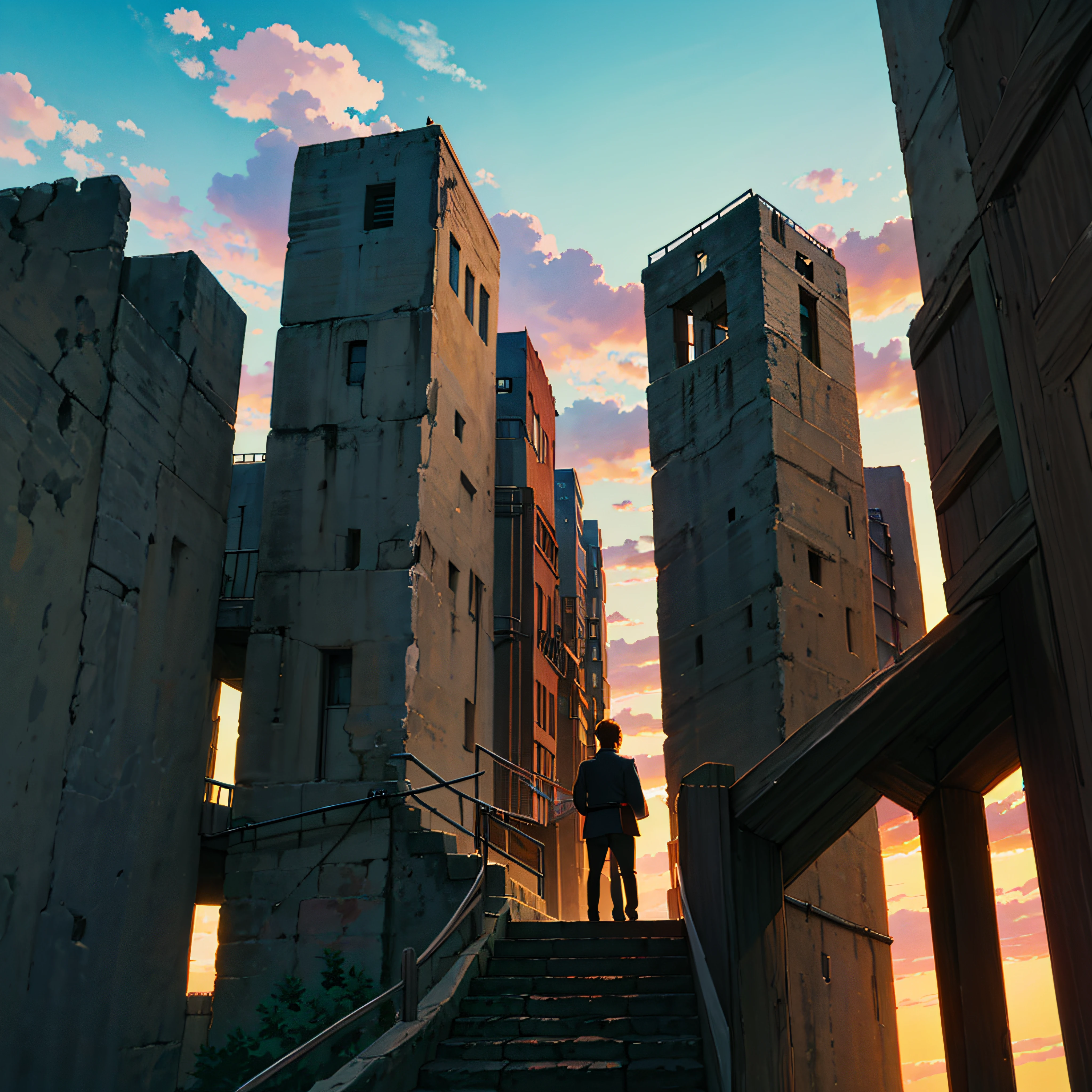 animesque、Skyscape with clouds、Red sunset sky、Deities々Shikai、stairway、You can see the touch of the brush、no human figures、Studio Ghibli、Ghibli、Scenery、Style、The light is sparkling、sky line、low angles --auto
