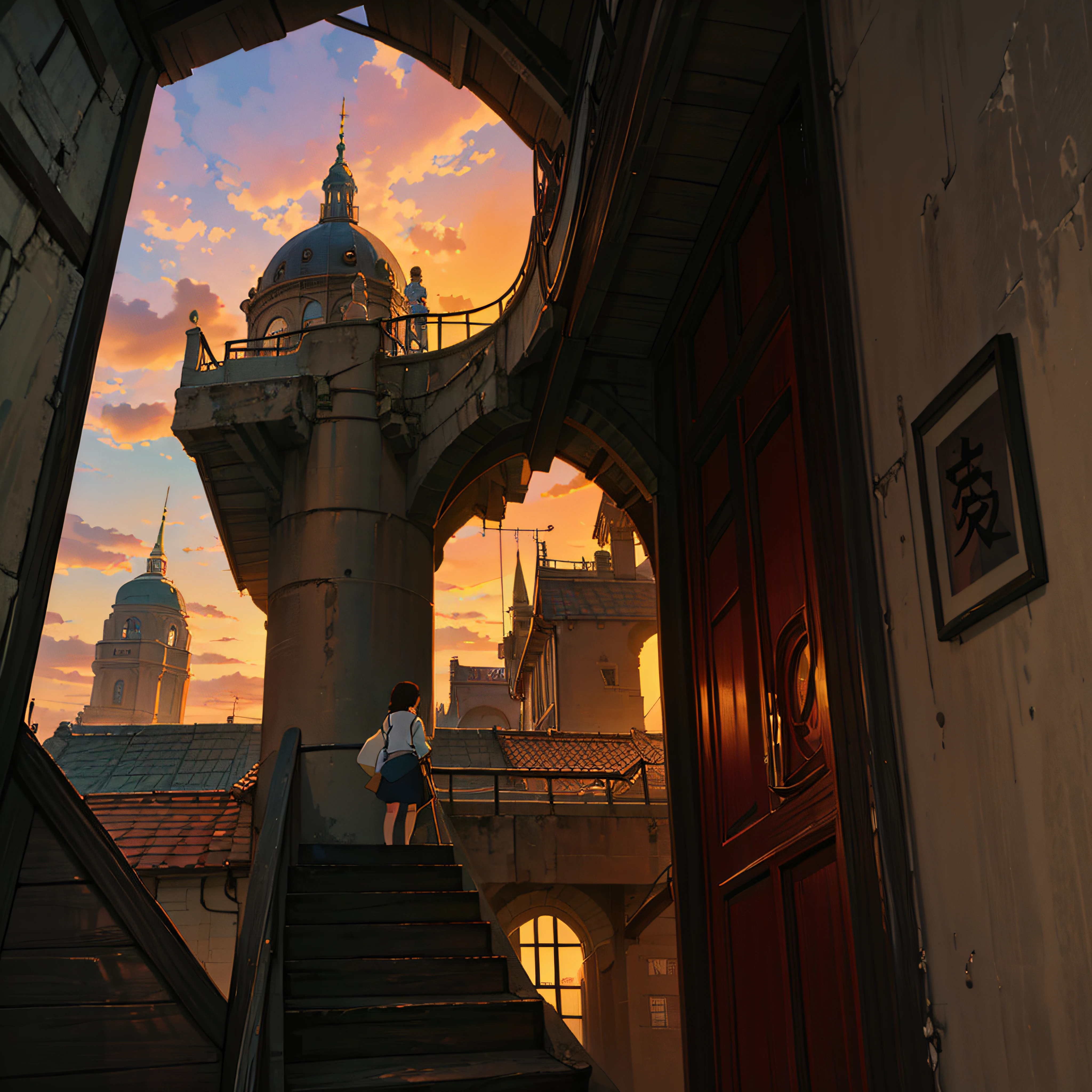 animesque、Skyscape with clouds、Red sunset sky、Deities々Shikai、stairway、You can see the touch of the brush、no human figures、Studio Ghibli、Ghibli、Scenery、Style、The light is sparkling、sky line、low angles --auto