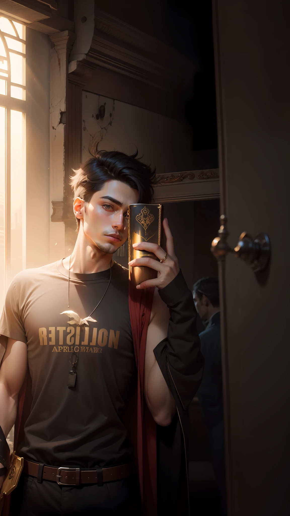 Don't change my facial features, change background, mythological male don't change my face short hair