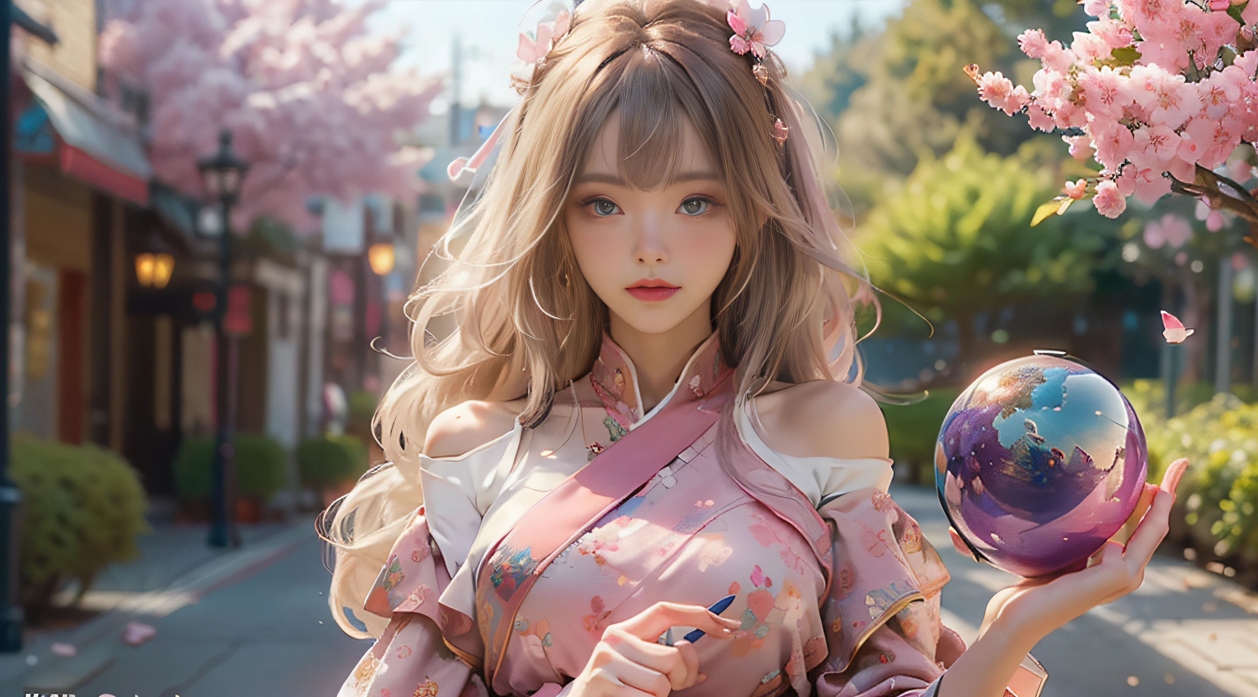 ((best qualtiy)), ((tmasterpiece)), (Detail:1.4), 3D, Beautiful cyberpunk female images,hdr(HighDynamicRange),Ray traching,NVIDIA RTX,Hyper-Resolution,illusory 5,sub surface scattering,PBR textures,post-proces,Anisotropy Filtering,depth of fields,maximum definition and sharpness,Many-Layer Textures,Albedo e mapas Speculares,Surface Coloring,Mitsu-Accurate simulation of material interactions,perfectly proportioned,rendering by octane,Two-colored light,largeaperture,Low ISO,White balance,Rule three points、8K raw data、beautiful bright pupils,off-the-shoulder clothes,Fine pupils,Delicate face and eyes,long eyelasher,Blushlush,Delicate and fluffy hair,pink lip,Pure,cute big breasts,Sweet girl,Artistic sense,Casual wear,Advancedsense,butterflys,Cherry blossom petal,Beautiful hair accessories,Long hair and waist,Hair fluttering in the wind