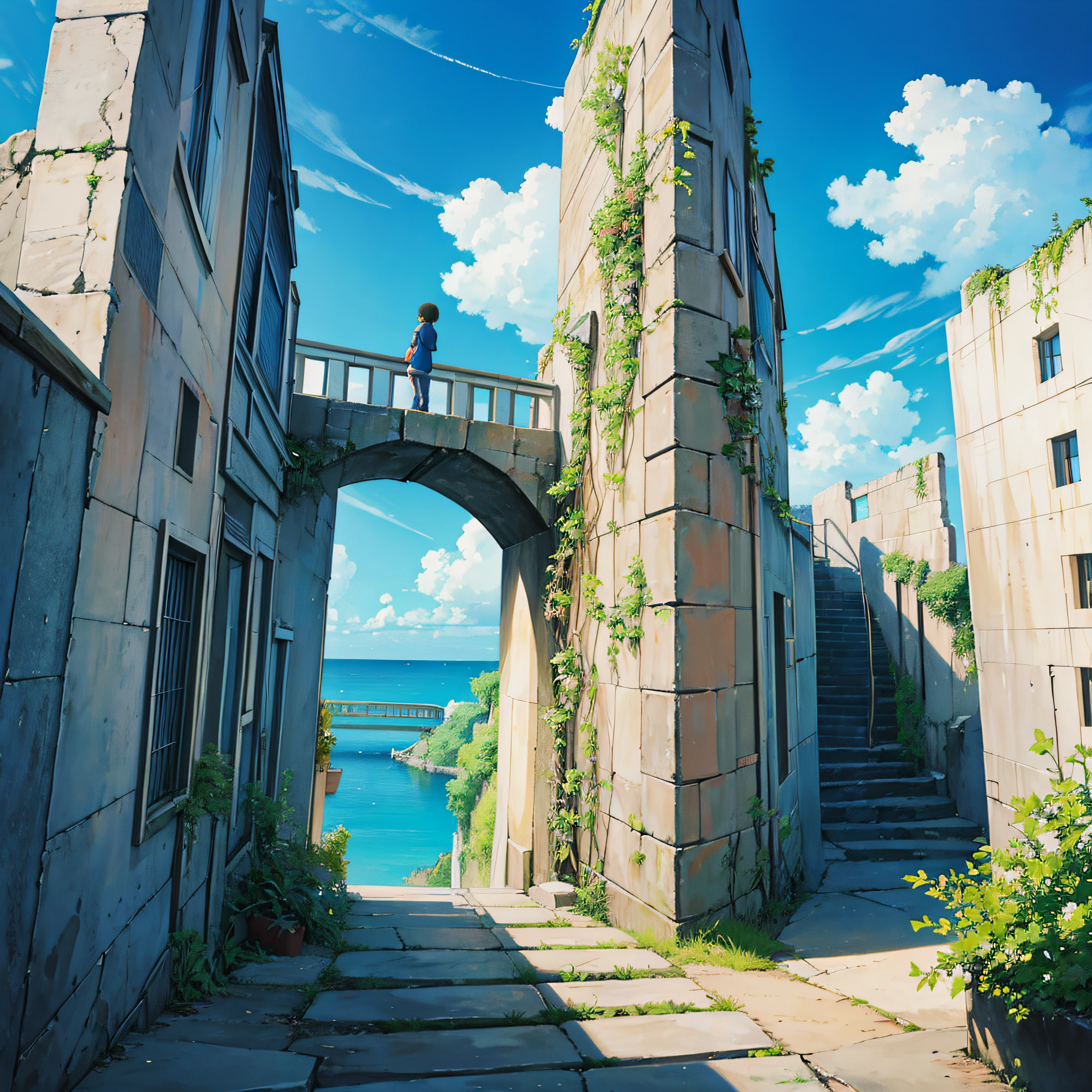animesque、Skyscape with clouds、blue open sky、Deities々Shikai、stairway、You can see the touch of the brush、no human figures、Studio Ghibli、Ghibli、Scenery、Style、The light is sparkling、sky line、low angles --auto