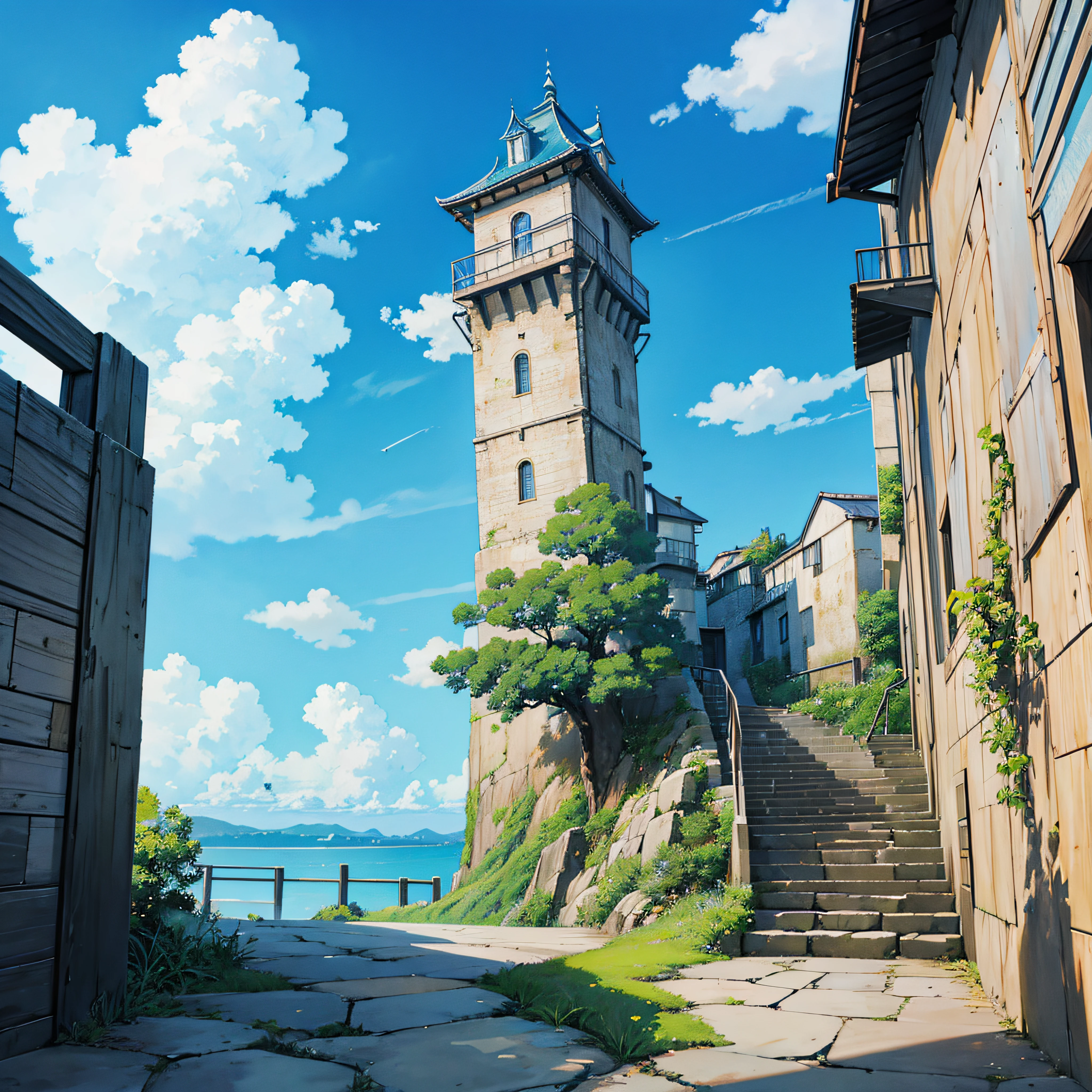 animesque、Skyscape with clouds、blue open sky、Deities々Shikai、stairway、You can see the touch of the brush、no human figures、Studio Ghibli、Ghibli、Scenery、Style、The light is sparkling、sky line、low angles --auto