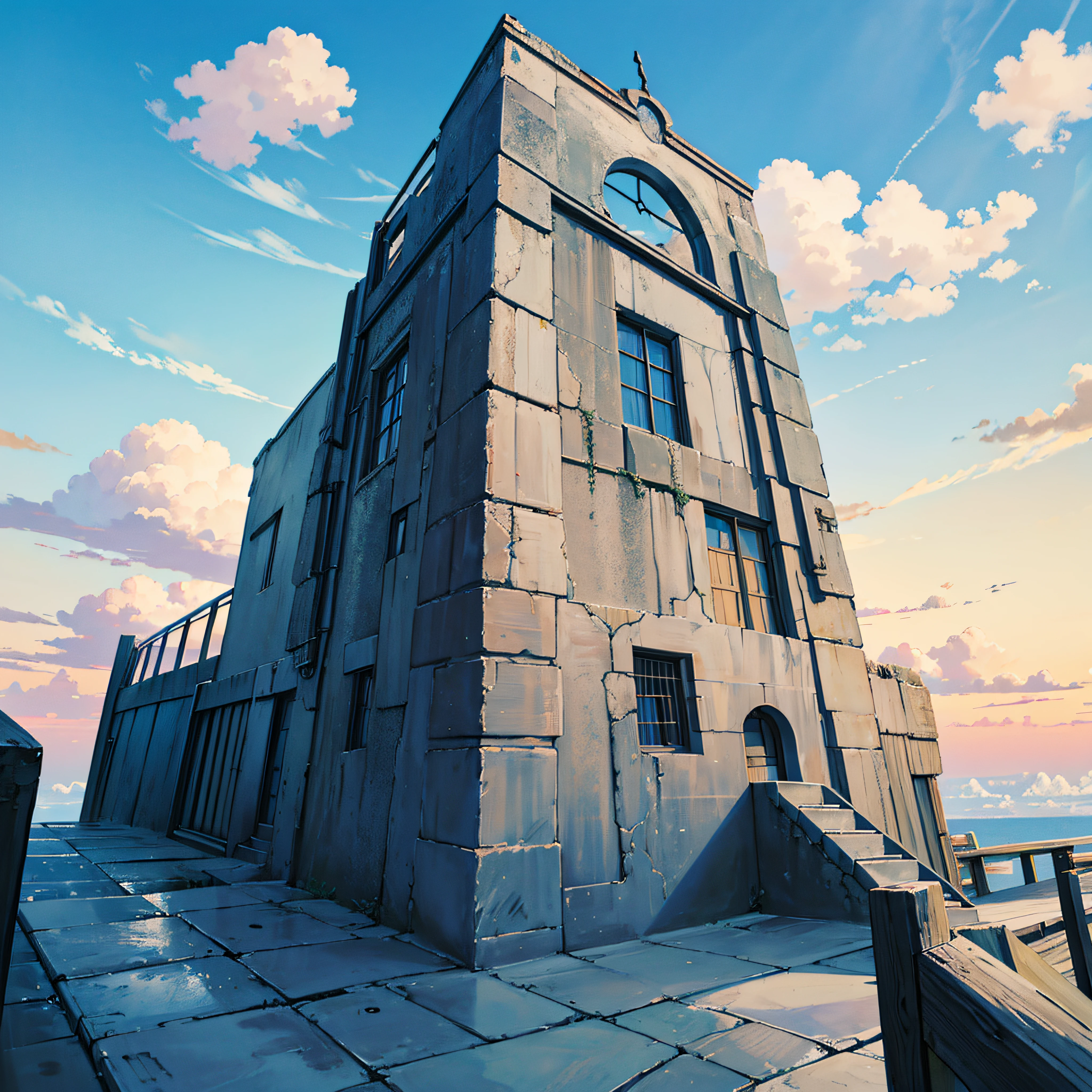animesque、Skyscape with clouds、blue open sky、Deities々Shikai、stairway、You can see the touch of the brush、no human figures、Studio Ghibli、Ghibli、Scenery、Style、The light is sparkling、sky line、low angles --auto
