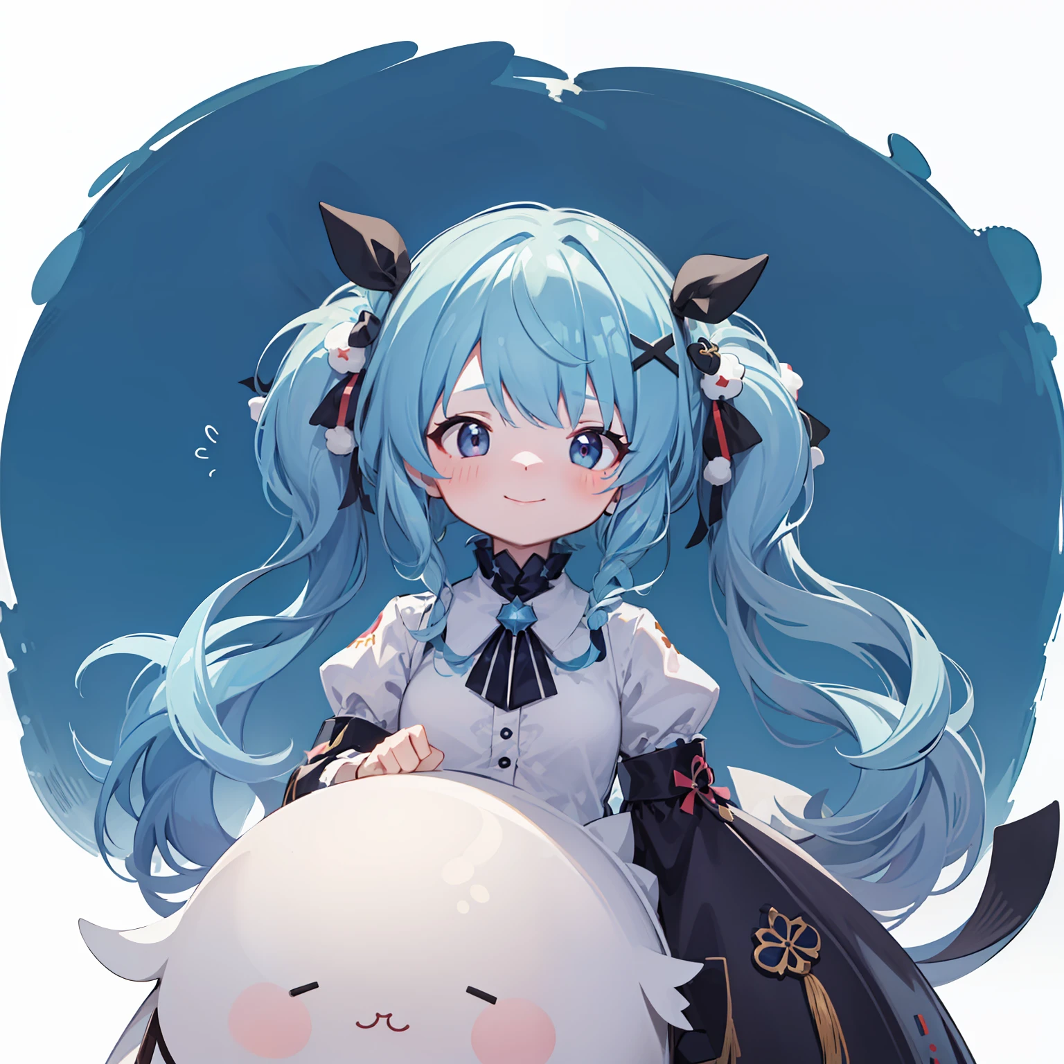 超A high resolution, nffsw, Best aesthetic, Best Quality, masutepiece, Flat Avatar, Perfect litthing、(colourfull、vivd colour: 1.4)、outside of house、a couple,Both have iridescent hair, They are in love and shy.Girl with shining eyes with cotton candy, a smile, hair adornments, Chibi, simple background, blue hairs, 耳环, X Hair ornament, jewely, side locks, large oval eyes,