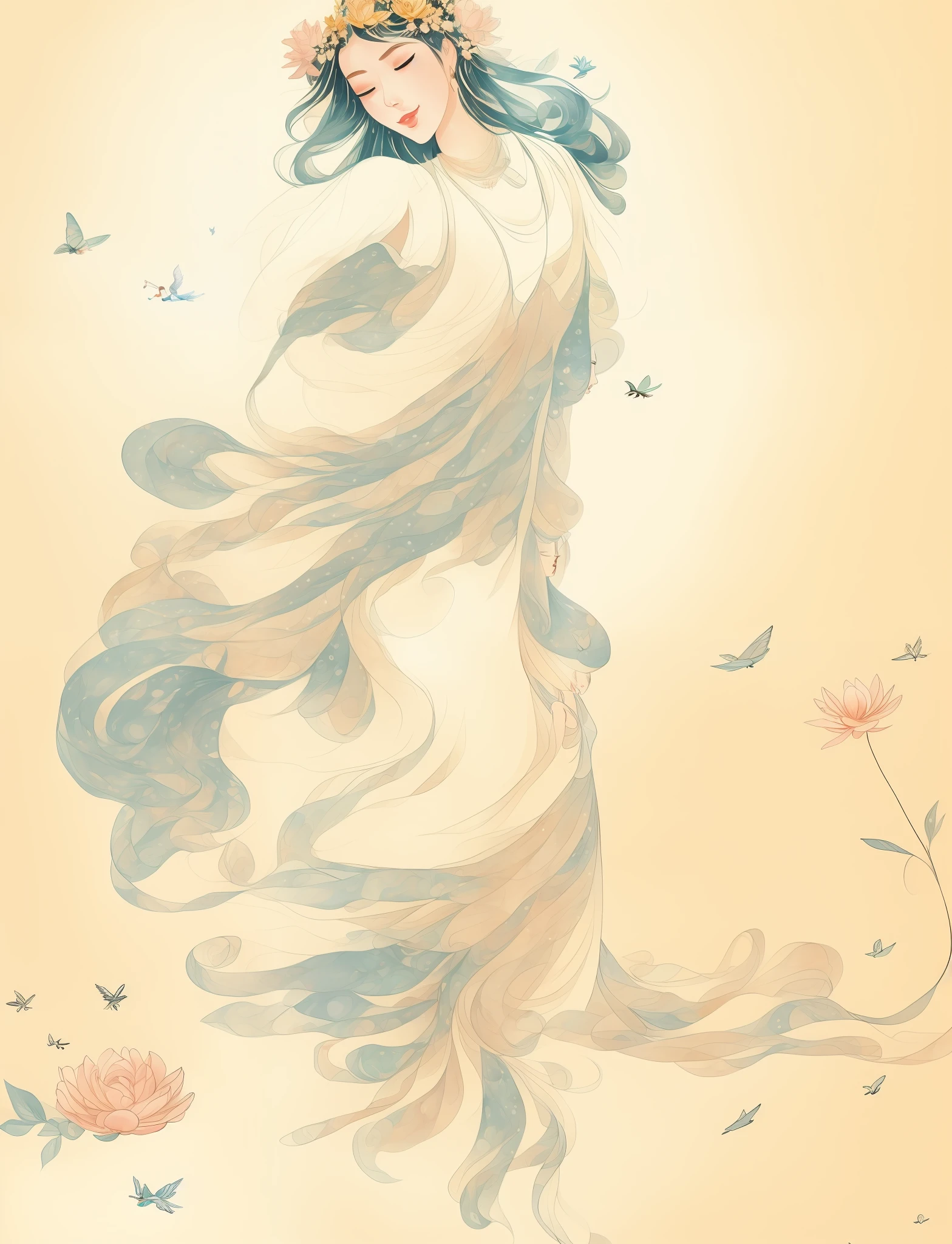 There is a woman with a flower crown on her head dancing in the sky,Beautiful figure，Precise structure，Skin is smooth and delicate，goddess of nature, spring goddess, Blue sky，baiyun，Exquisite digital illustration, A beautiful artwork illustration, Soft light, Hazy illusion，