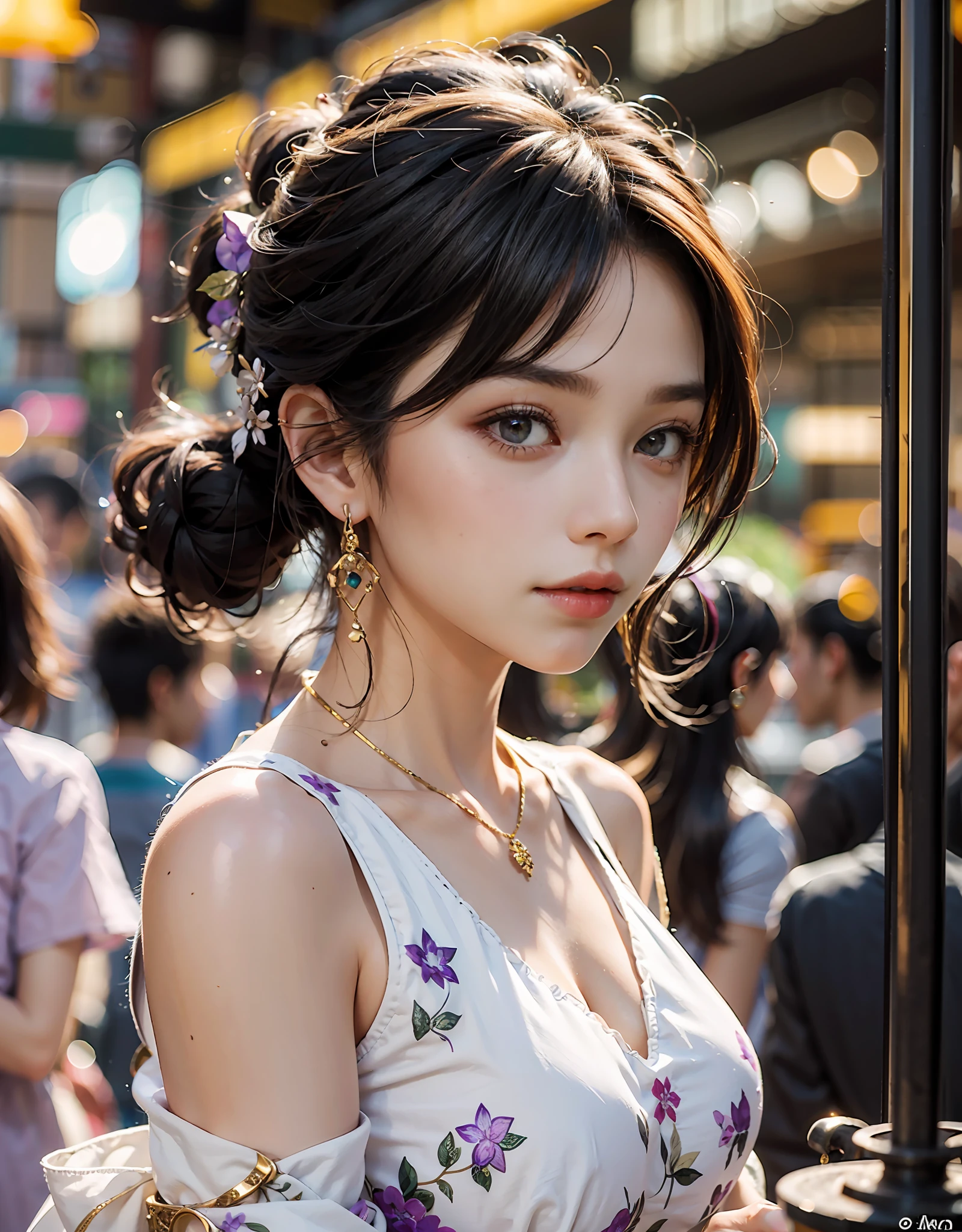 1girl,solo,20-year-old girl, close-up,walking in a busy market in Ho Chi Minh City, Wearing a floral AoDai, amethyst earrings, amethyst necklace, gold bracelet, delicate eyes, delicate face, big breasts, shiny skin, perfect body, perfect hands, perfect feet, the best masterpiece, masterwork, ultra-realistic photos of people, high-quality, high-quality, HDR, ultra-high resolution drawing,