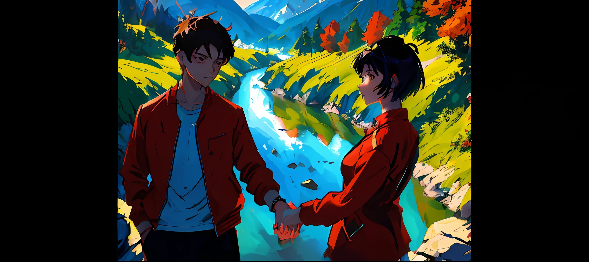 Anime couple holding hands in front of mountains and rivers, anime lush john 8k woods, Praise Artstyle, Makoto Shinkai Cyril Rolando, in the art style of 8 0 s anime, Lofi art, anato finnstark and alena aenami, Ilya Kuvshinov landscape, nick silva and ilya kuvshinov, official fanart
